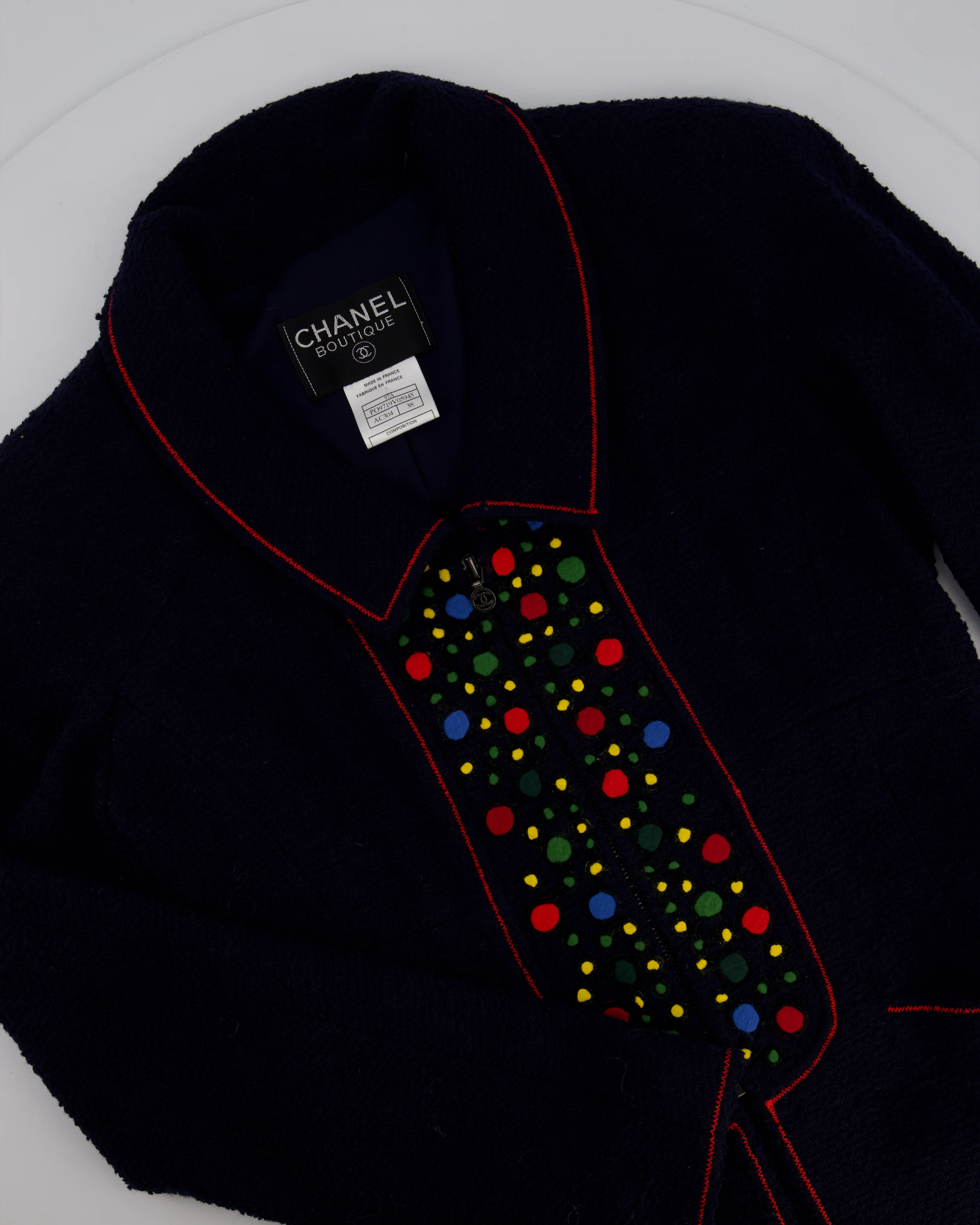 Chanel 97A Navy Wool Long Sleeve Jacket and Pencil Skirt Set with Red, Blue, Green and Yellow Neckline Applique Detail Size FR 38 (UK 10) - Image 6