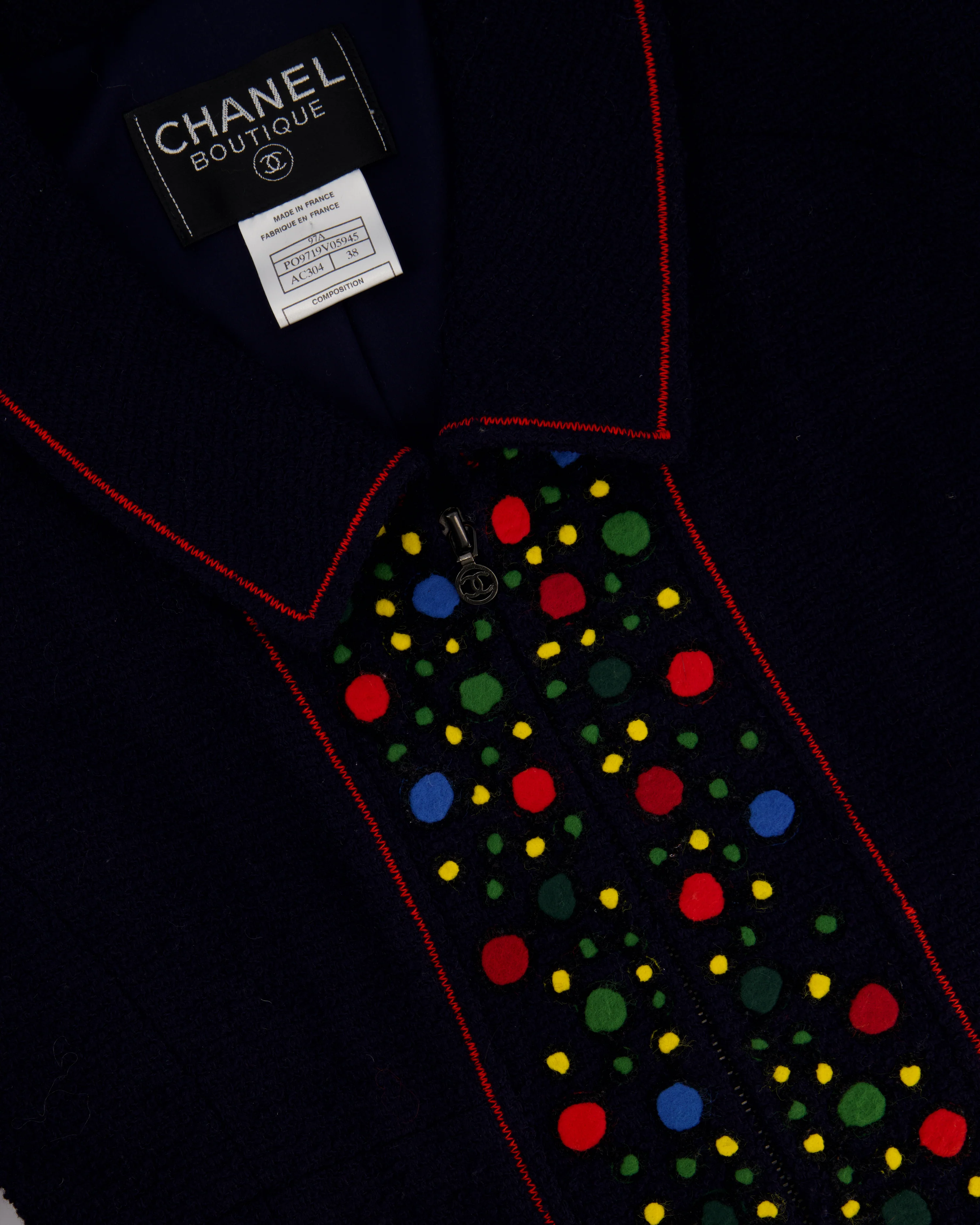 Chanel 97A Navy Wool Long Sleeve Jacket and Pencil Skirt Set with Red, Blue, Green and Yellow Neckline Applique Detail Size FR 38 (UK 10) - Image 8