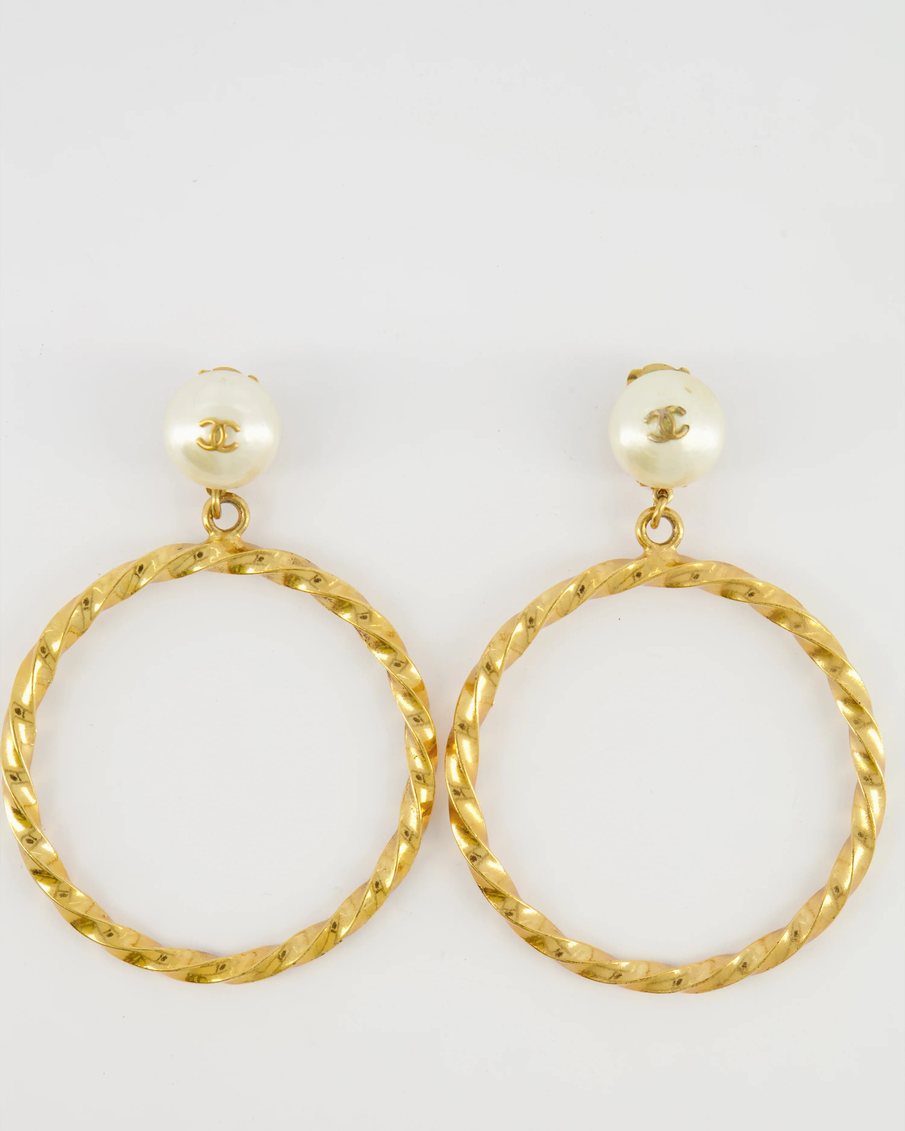 *RARE* Chanel 97P Vintage Gold Large Spiral Hoop Pendant Earrings with Pearls and Gold CC Logo Detail