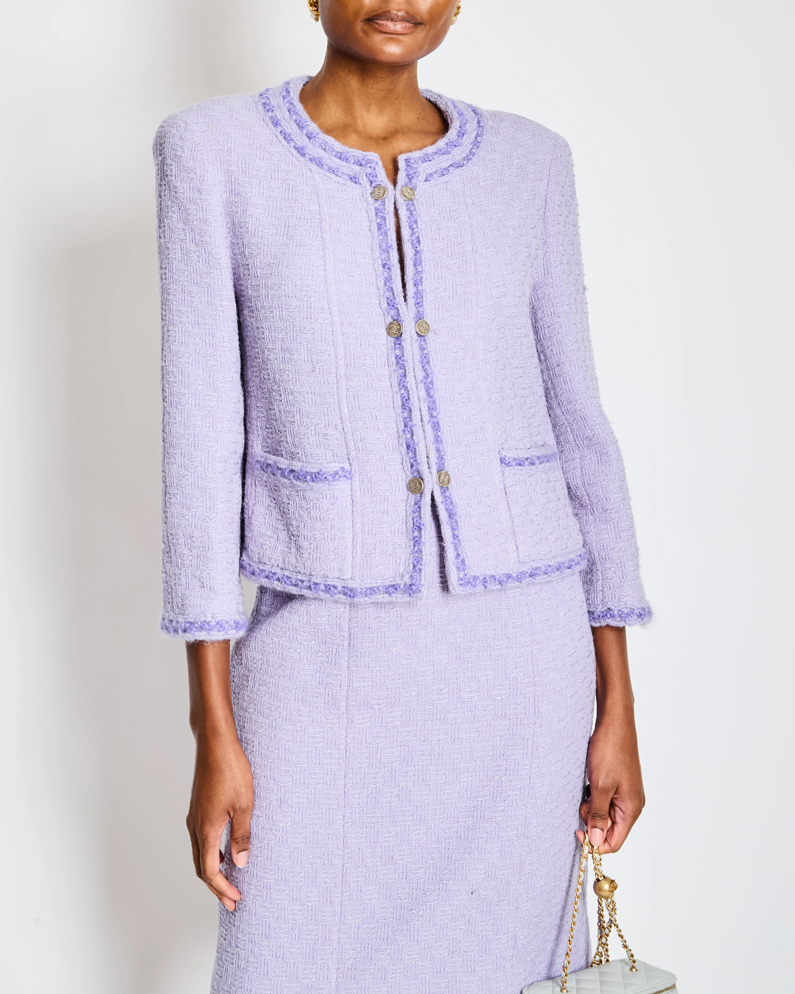 Chanel 98/A Lavender Two Piece Tweed Set with CC Button Detail Size FR 44 (UK 16) - Image 2