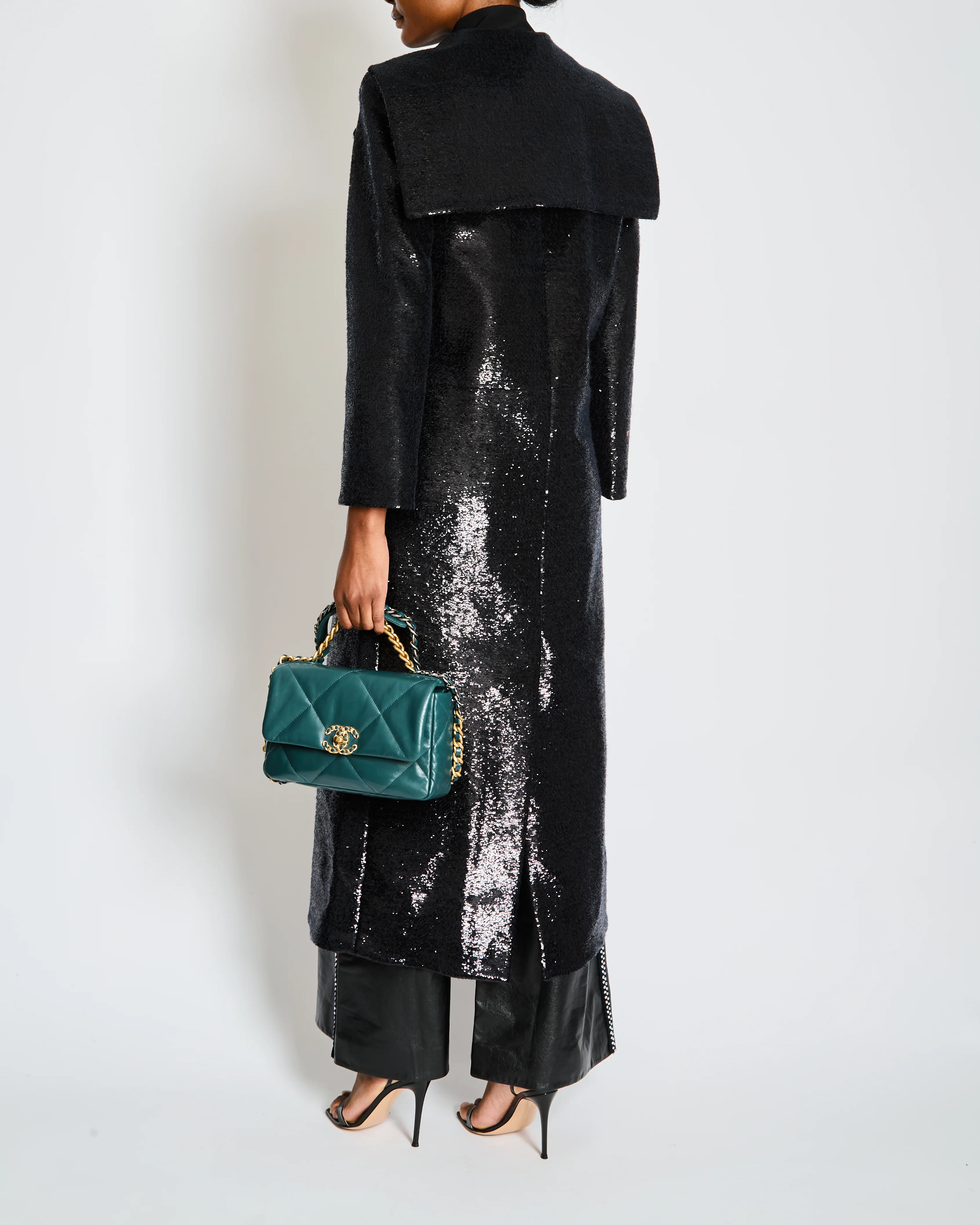 Chanel 2018 Metiers d'Art Black Sequin Maxi Pea Coat with Logo Detail Ruthenium Buttons Size FR 34 (UK 6) - Image 4