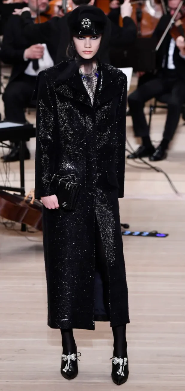 Chanel 2018 Metiers d'Art Black Sequin Maxi Pea Coat with Logo Detail Ruthenium Buttons Size FR 34 (UK 6) - Image 5