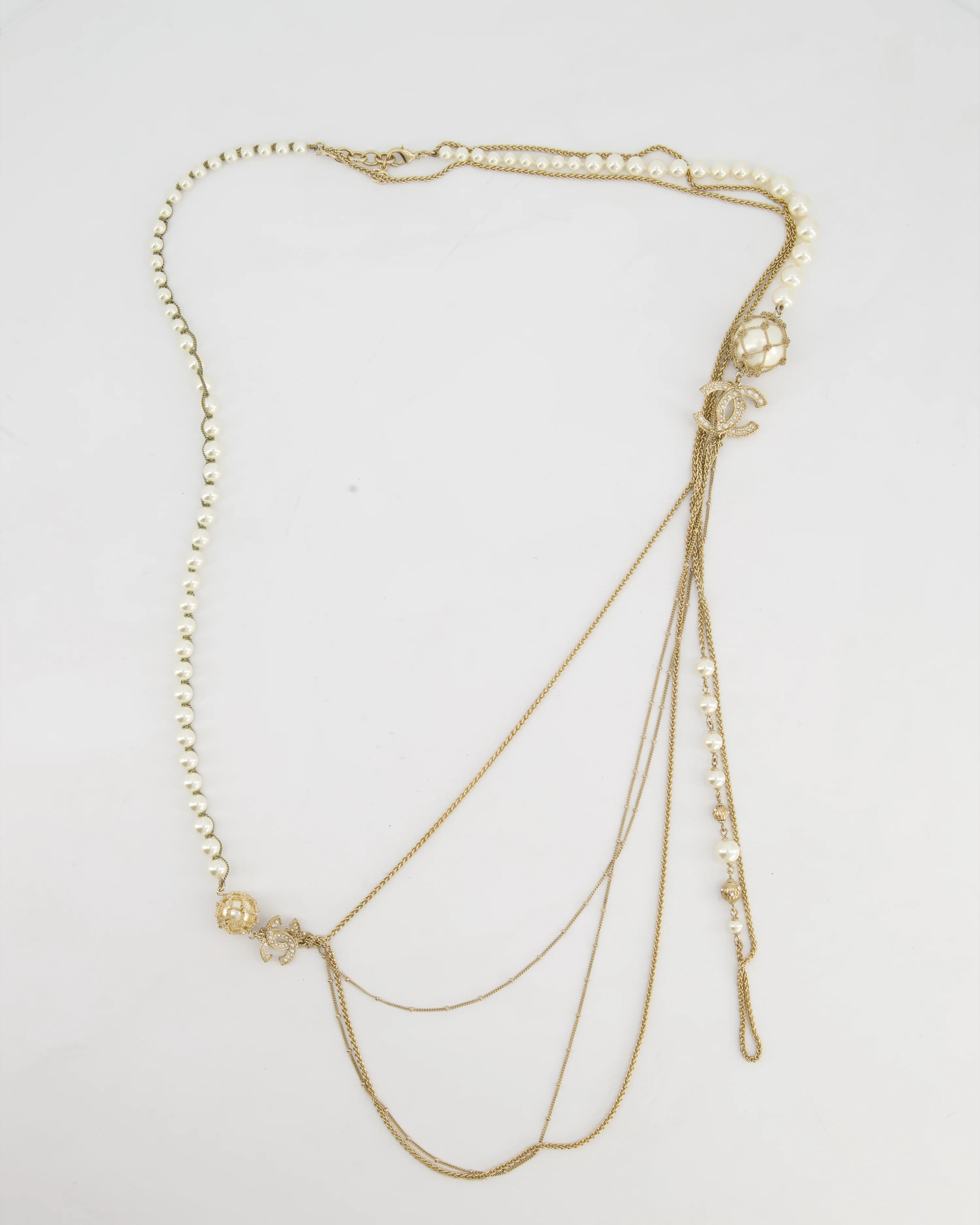 Chanel B19C Gold CC Logo Multi-Chain Necklace with Pearl Details