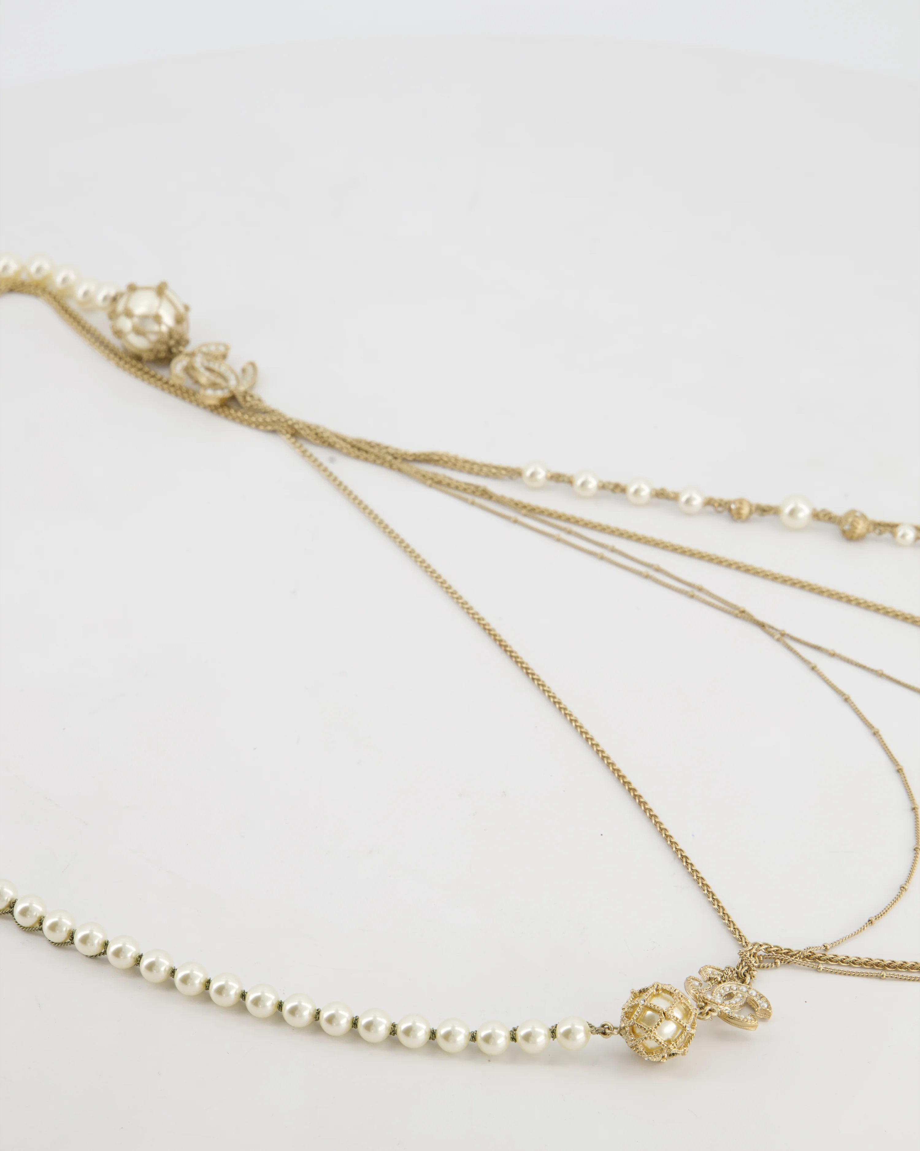 Chanel B19C Gold CC Logo Multi-Chain Necklace with Pearl Details - Image 4