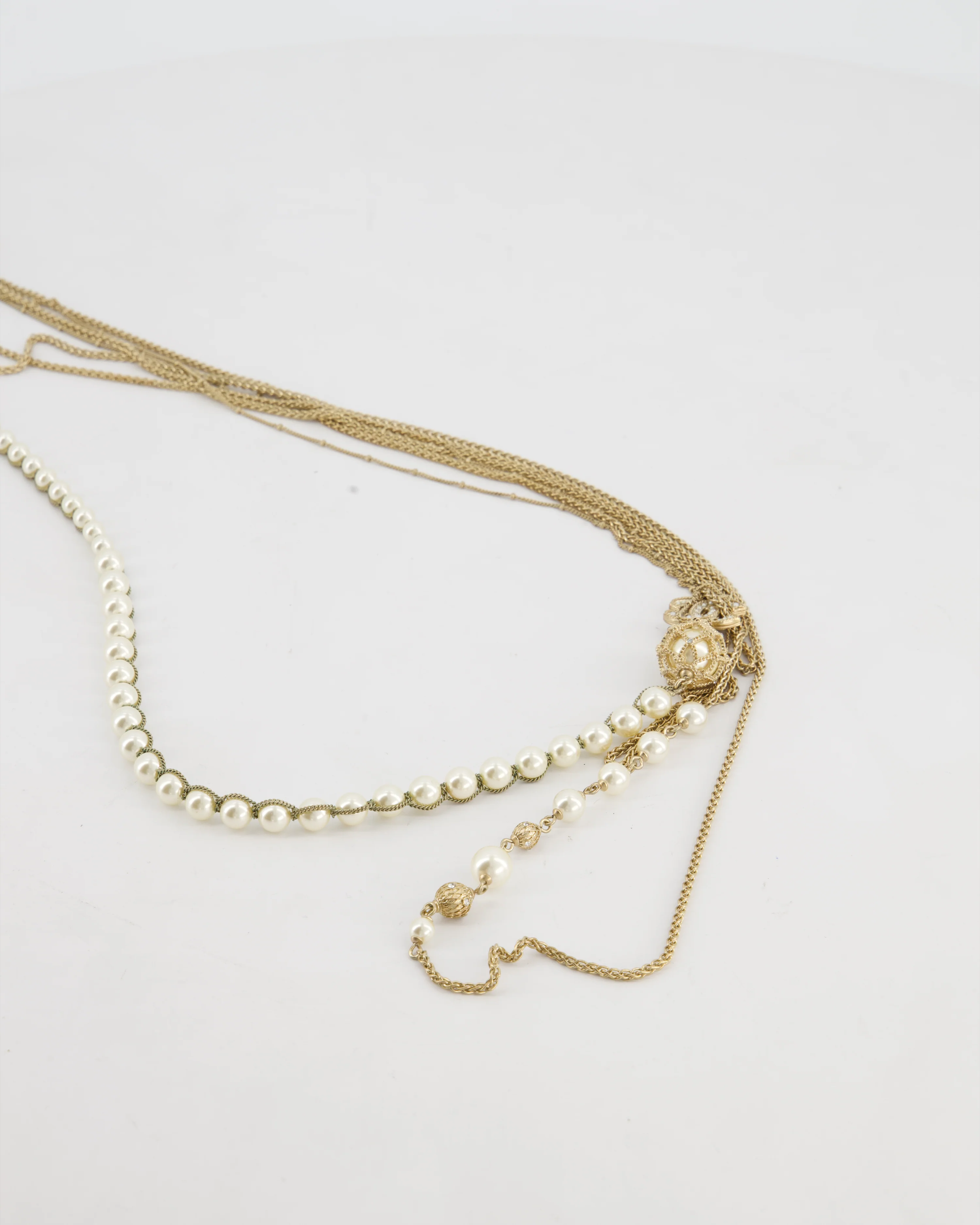 Chanel B19C Gold CC Logo Multi-Chain Necklace with Pearl Details - Image 5