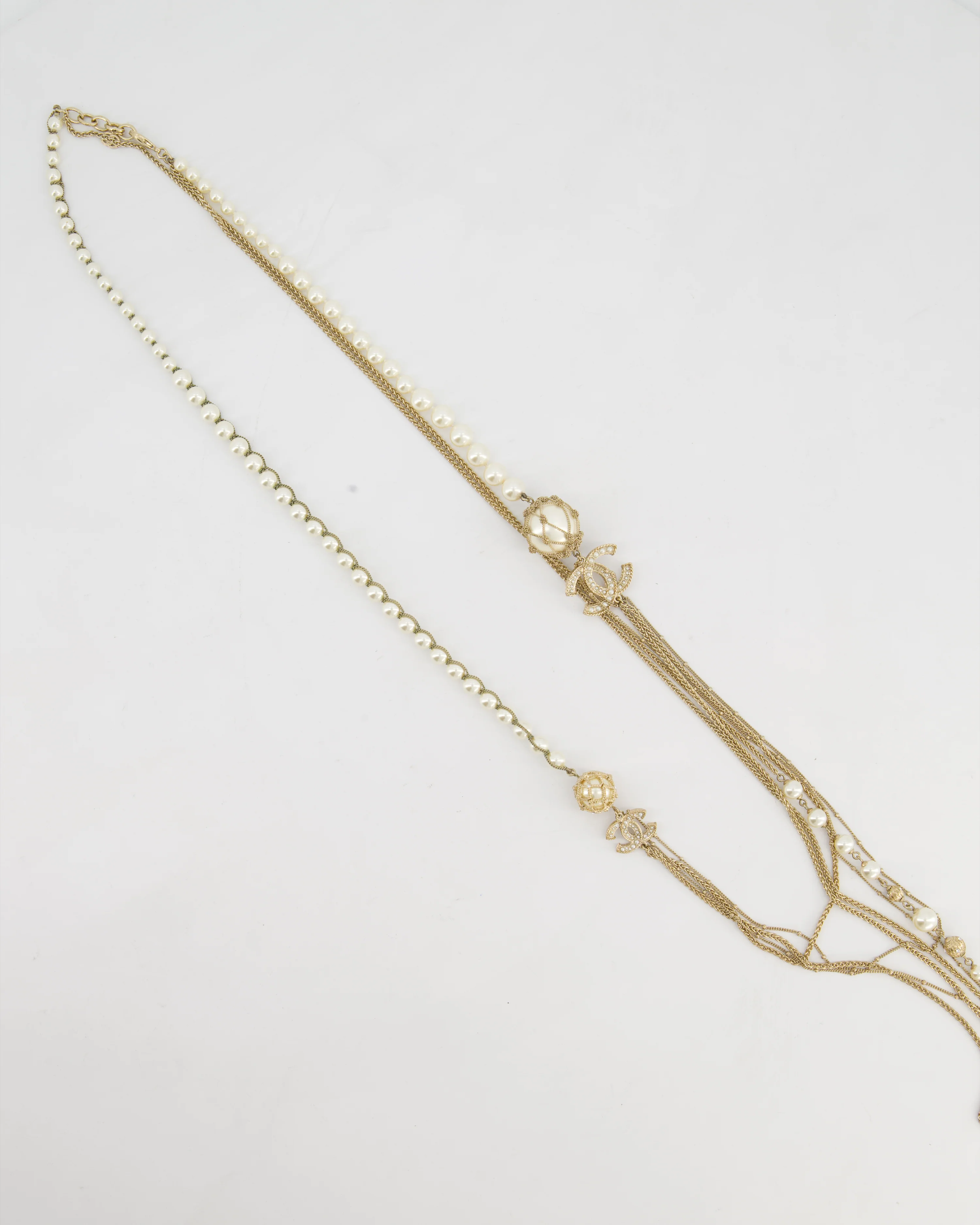 Chanel B19C Gold CC Logo Multi-Chain Necklace with Pearl Details - Image 6
