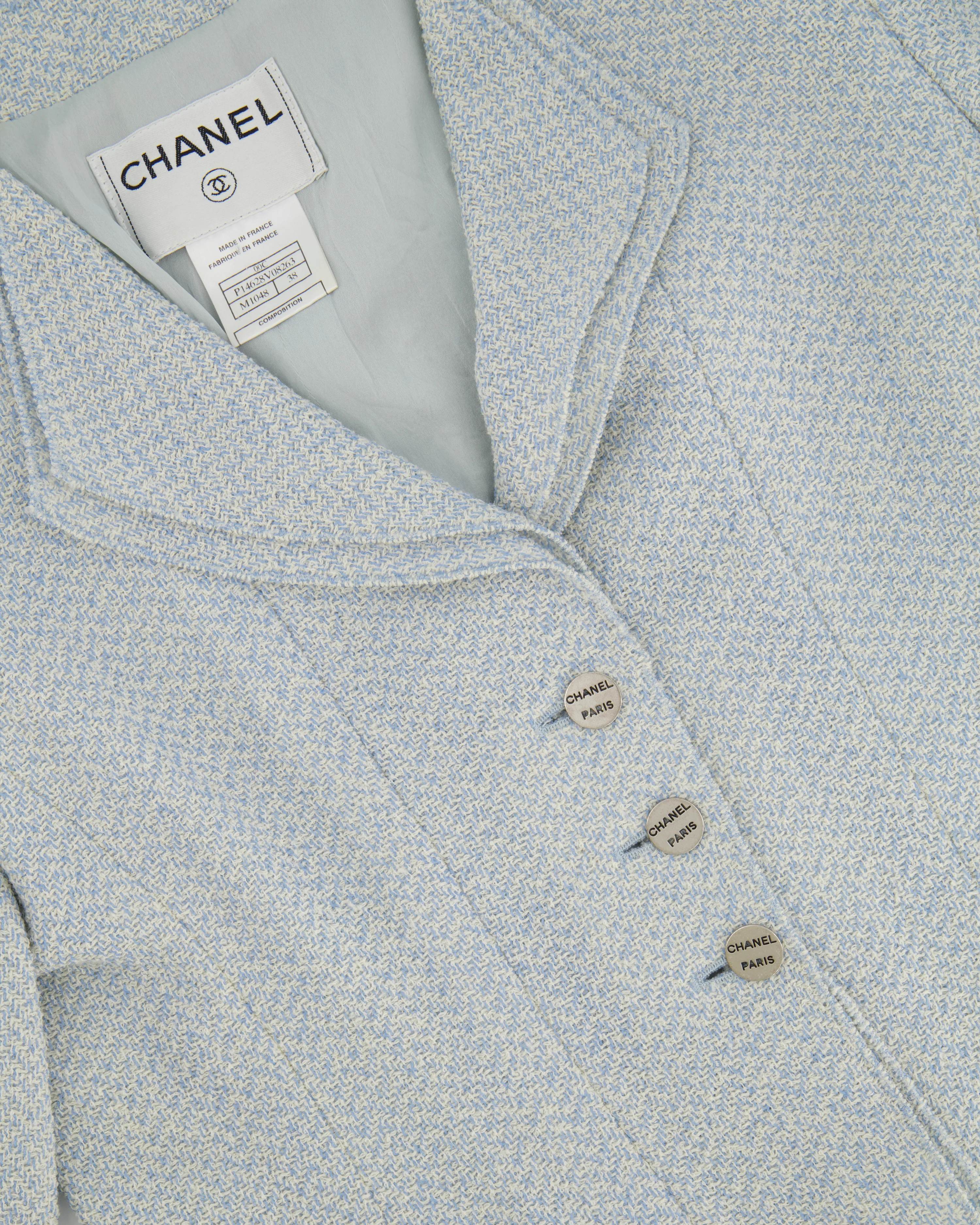 Chanel 00C Baby Blue Tweed Jacket with Silver Logo Button Details Size FR 38 (UK 10) - Image 6