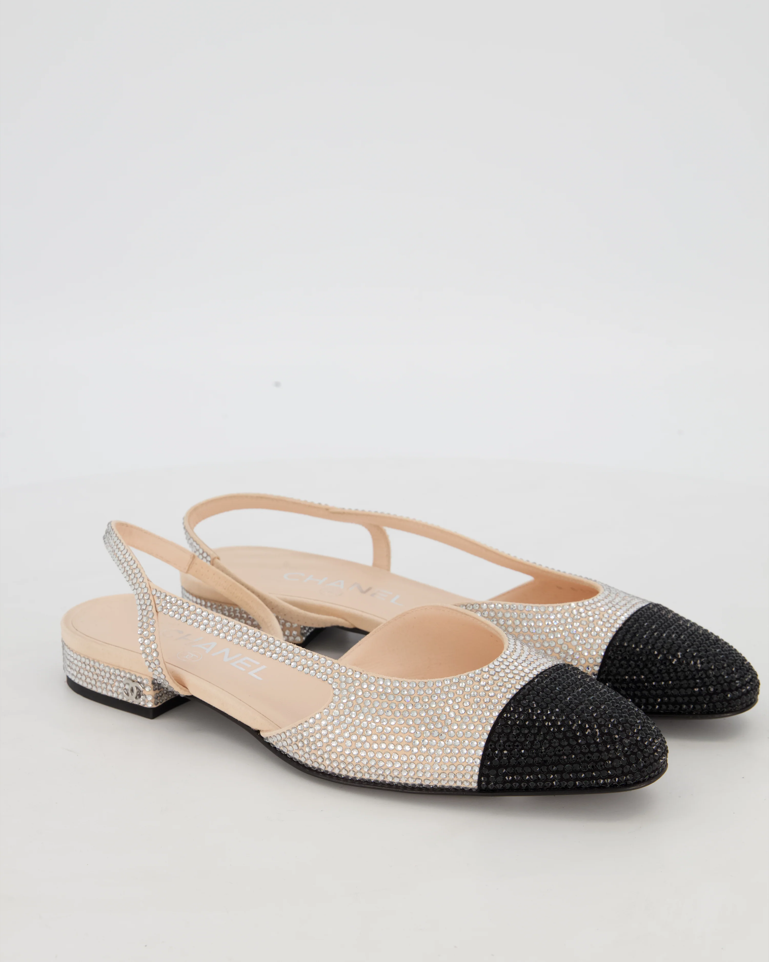 *HOT* Chanel Beige and Black Rhinestone Slingback Flats with CC Detail Size EU 37C - Image 2