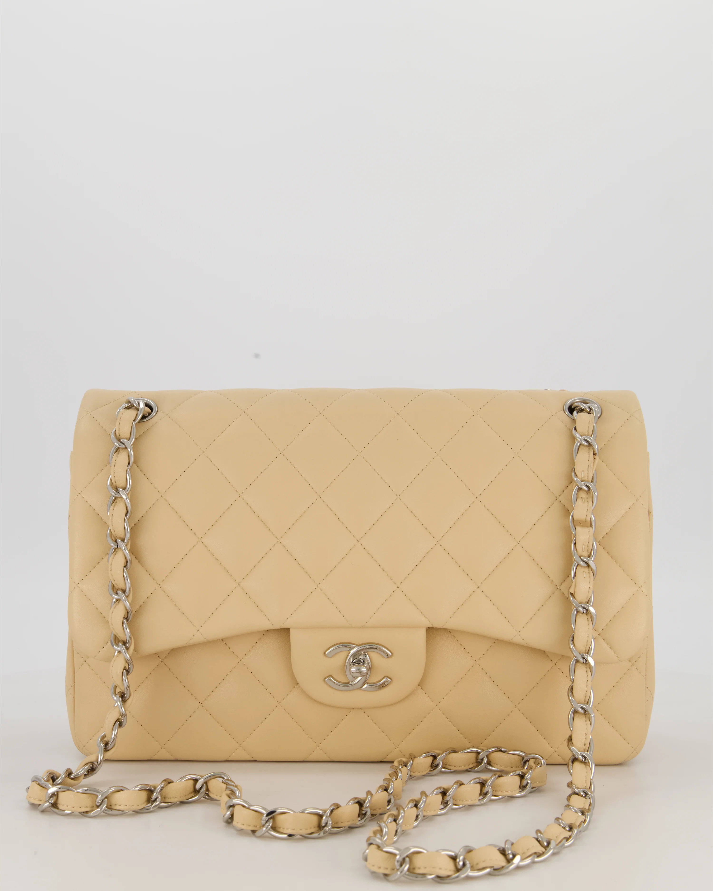 Chanel Beige Jumbo Classic Double Flap Bag in Lambskin with Silver Hardware