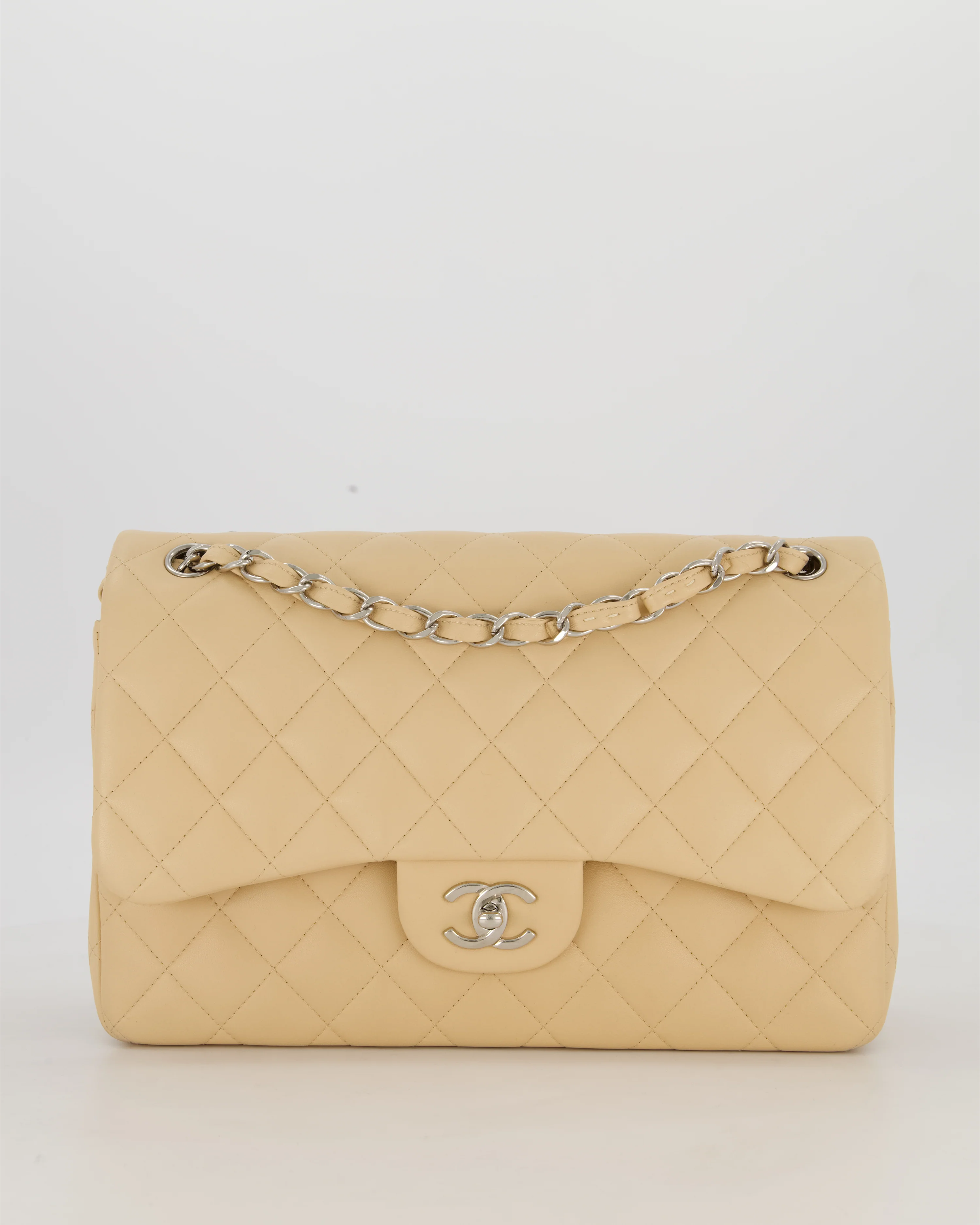 Chanel Beige Jumbo Classic Double Flap Bag in Lambskin with Silver Hardware - Image 3