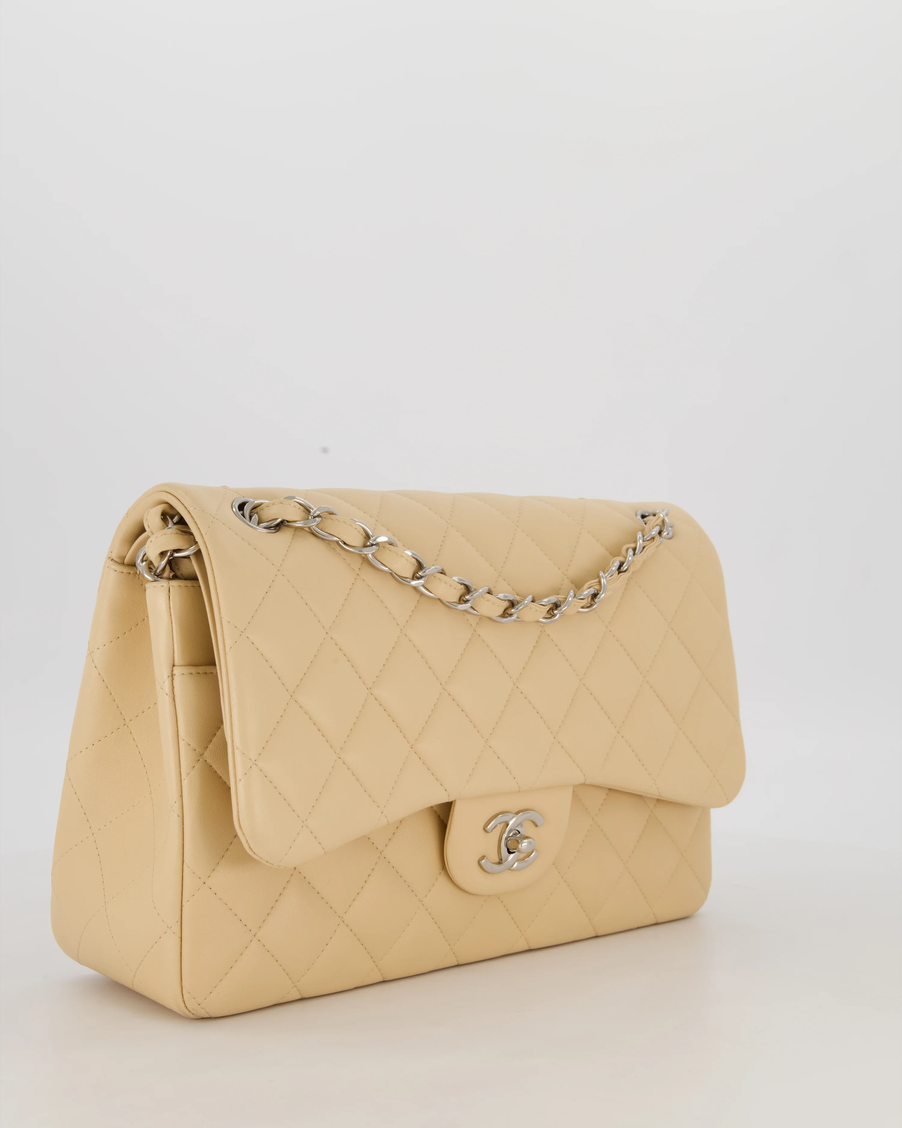 Chanel Beige Jumbo Classic Double Flap Bag in Lambskin with Silver Hardware - Image 4