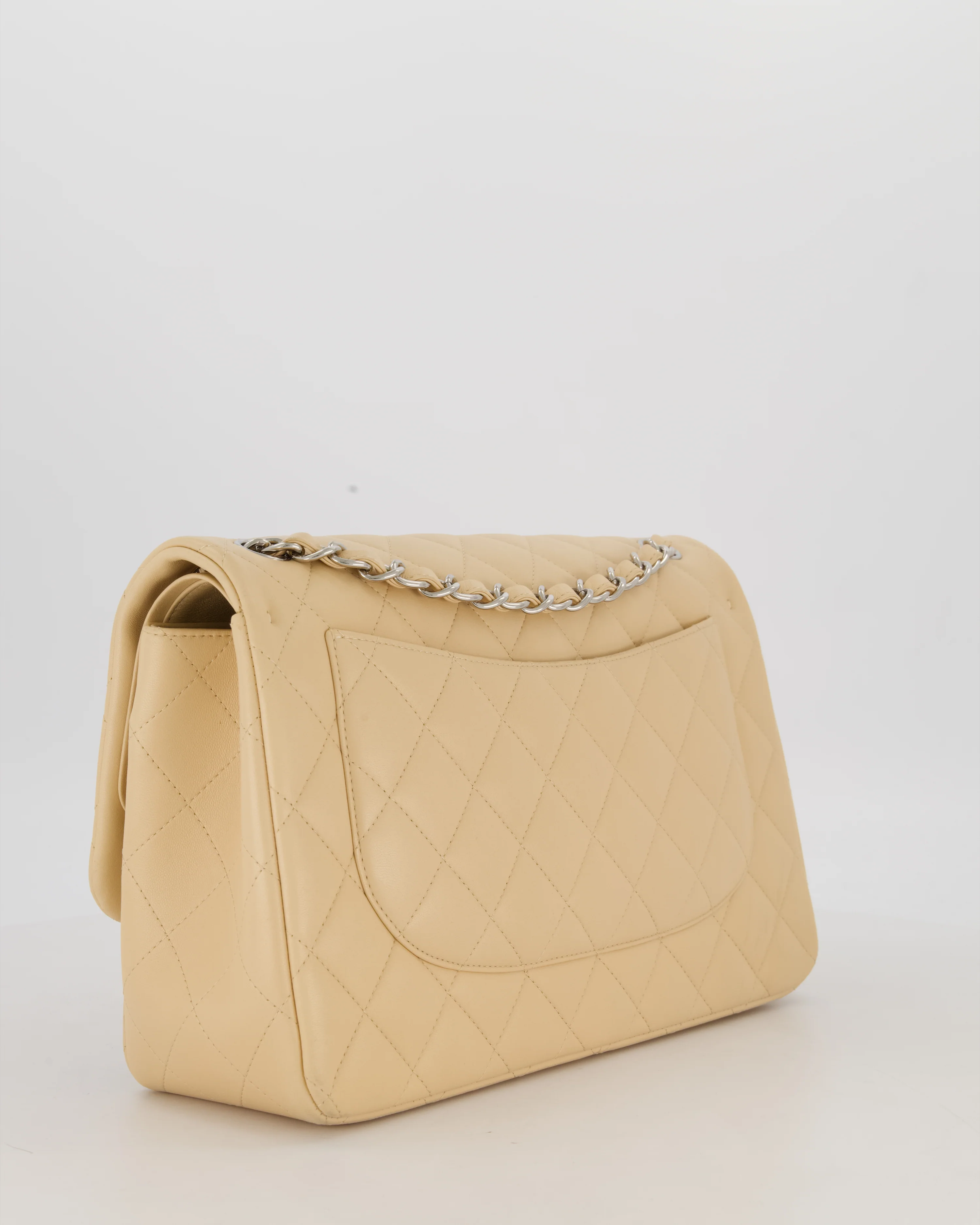 Chanel Beige Jumbo Classic Double Flap Bag in Lambskin with Silver Hardware - Image 8