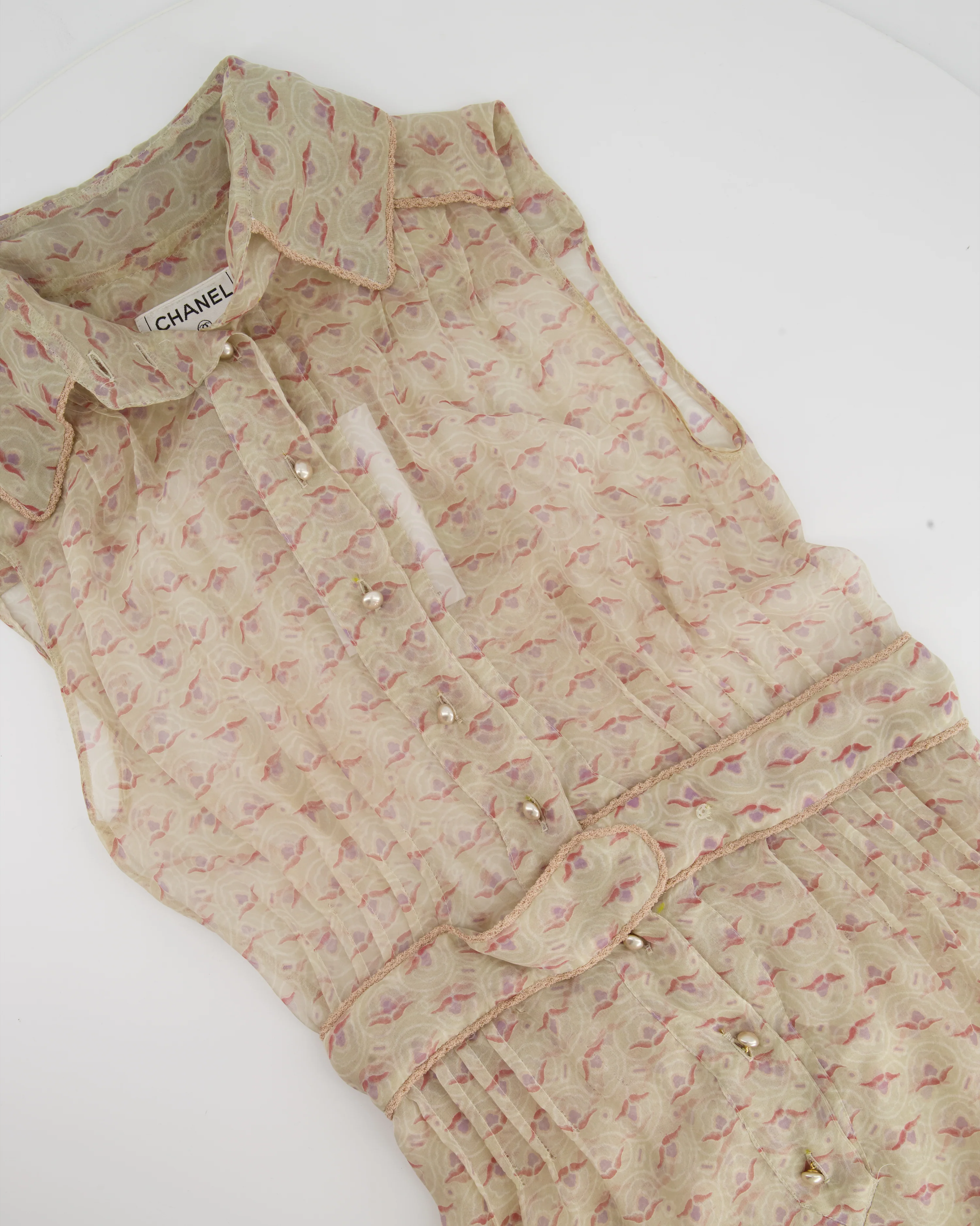 Chanel Beige Printed Sheer Shirt Dress with Pearl CC Buttons Size FR 38 ( UK 10) - Image 6