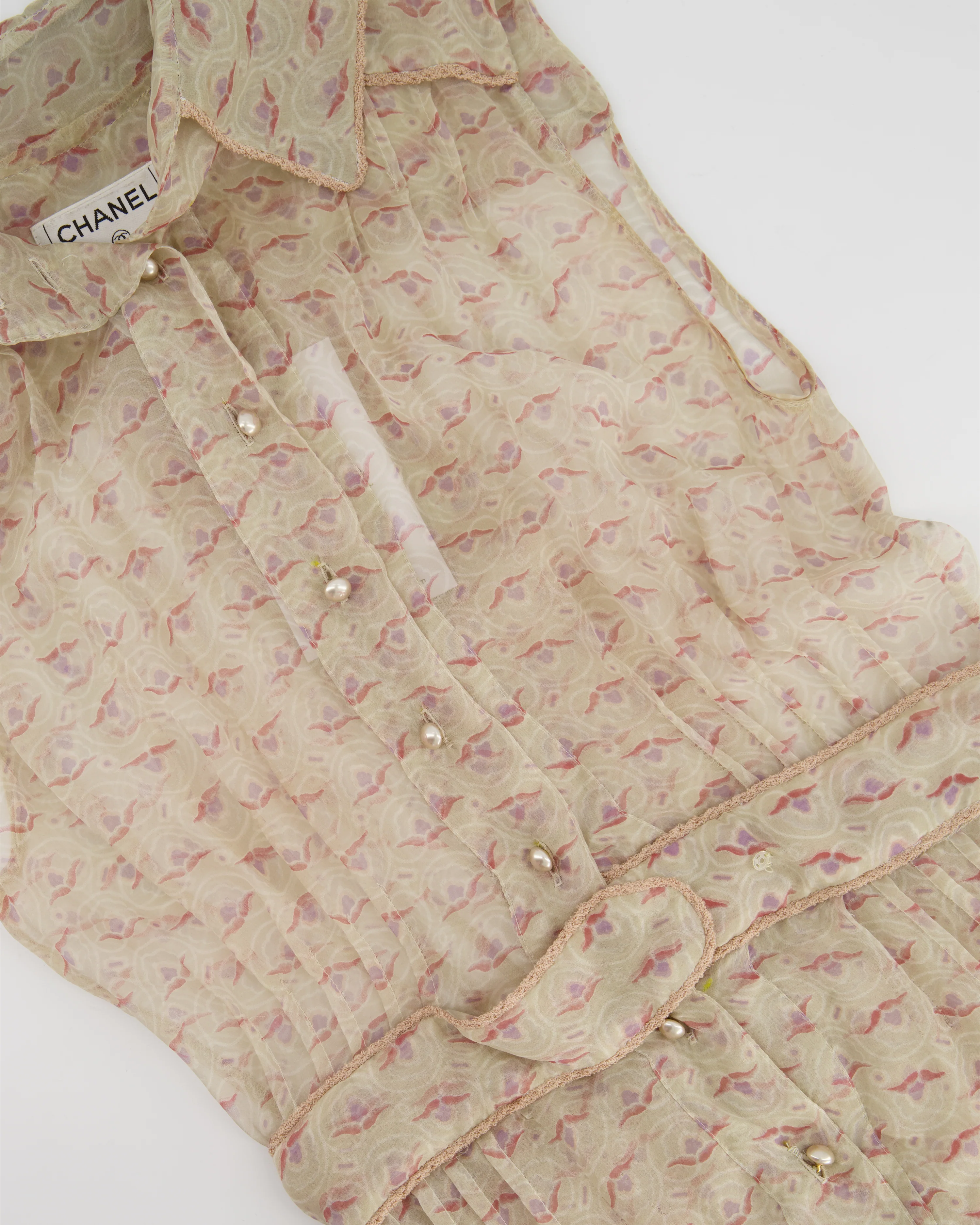 Chanel Beige Printed Sheer Shirt Dress with Pearl CC Buttons Size FR 38 ( UK 10) - Image 7