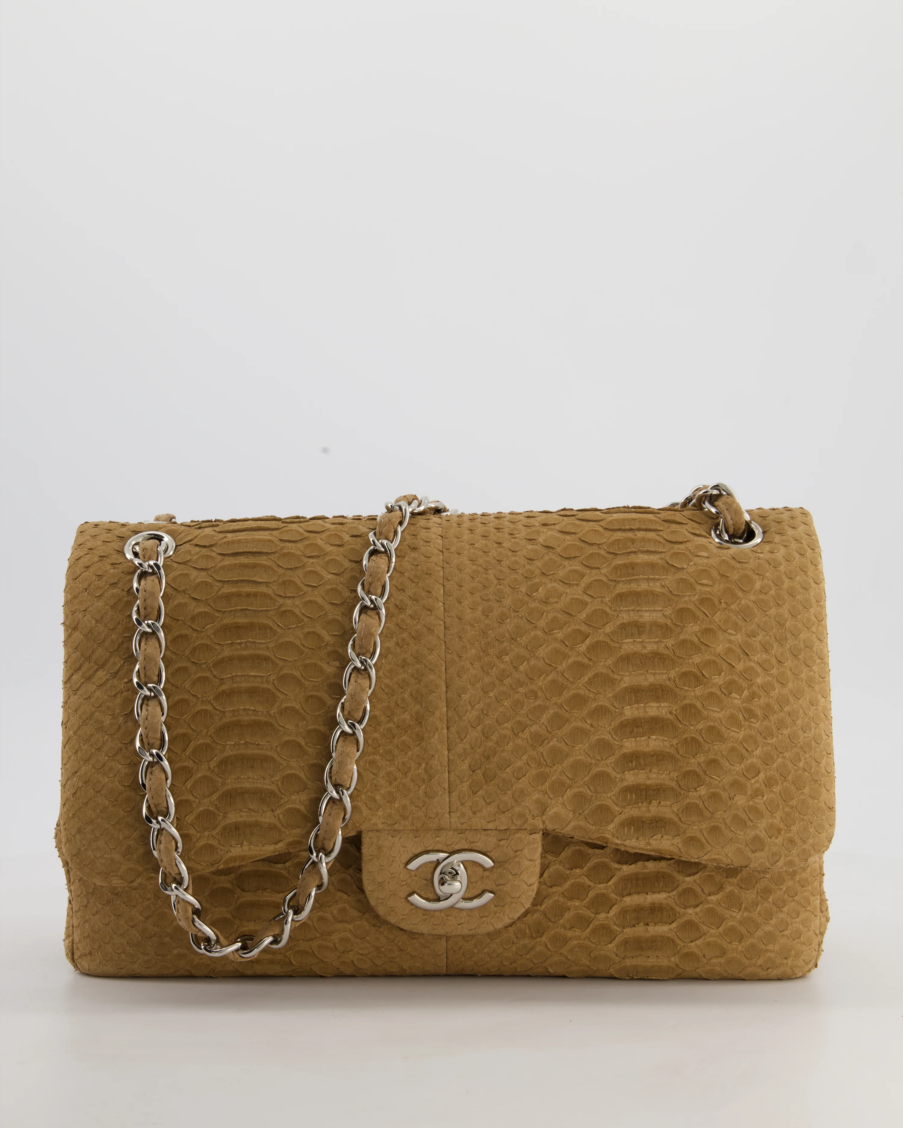 Chanel Beige Python Leather Jumbo Classic Double Flap Bag with Silver Hardware