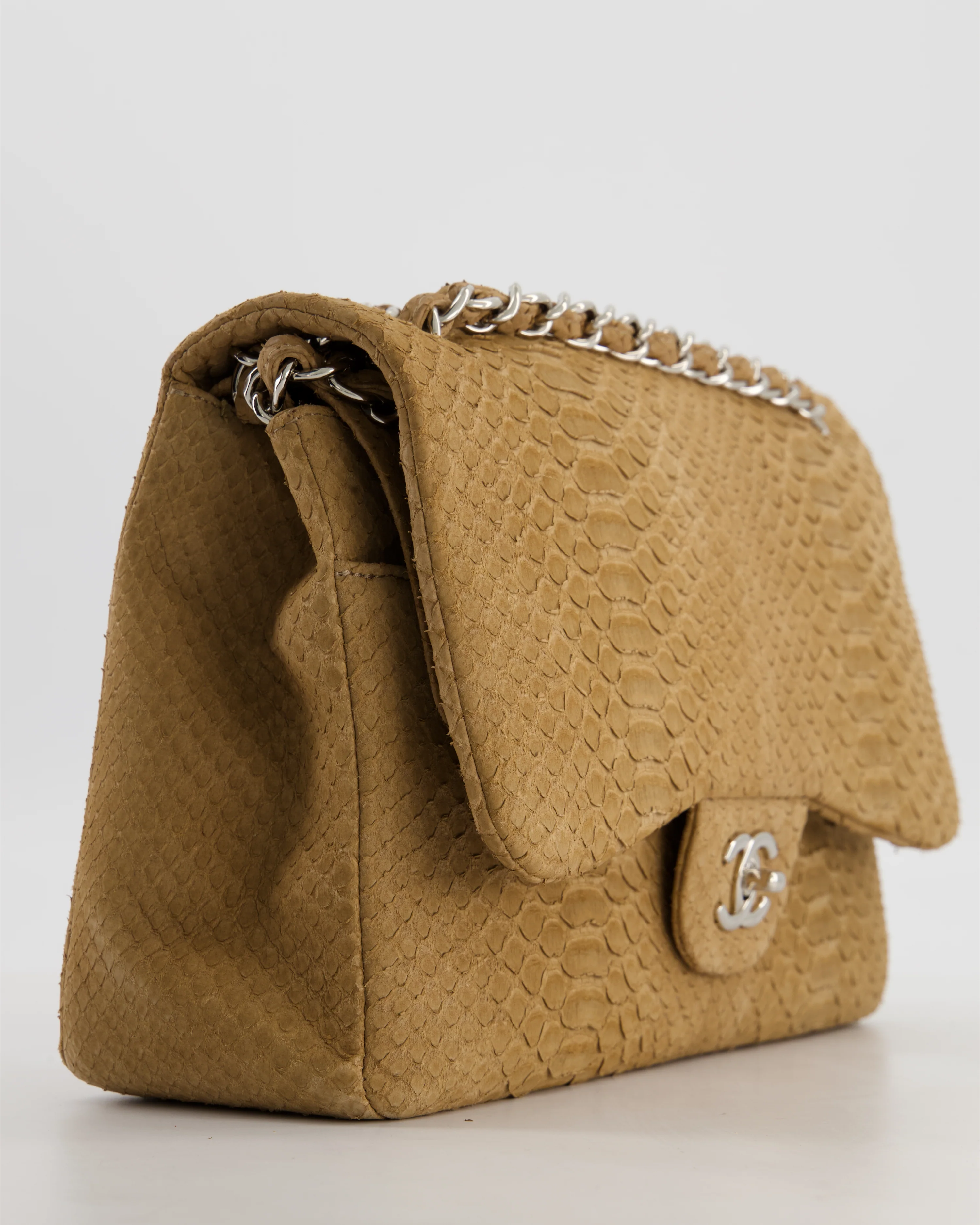 Chanel Beige Python Leather Jumbo Classic Double Flap Bag with Silver Hardware - Image 11