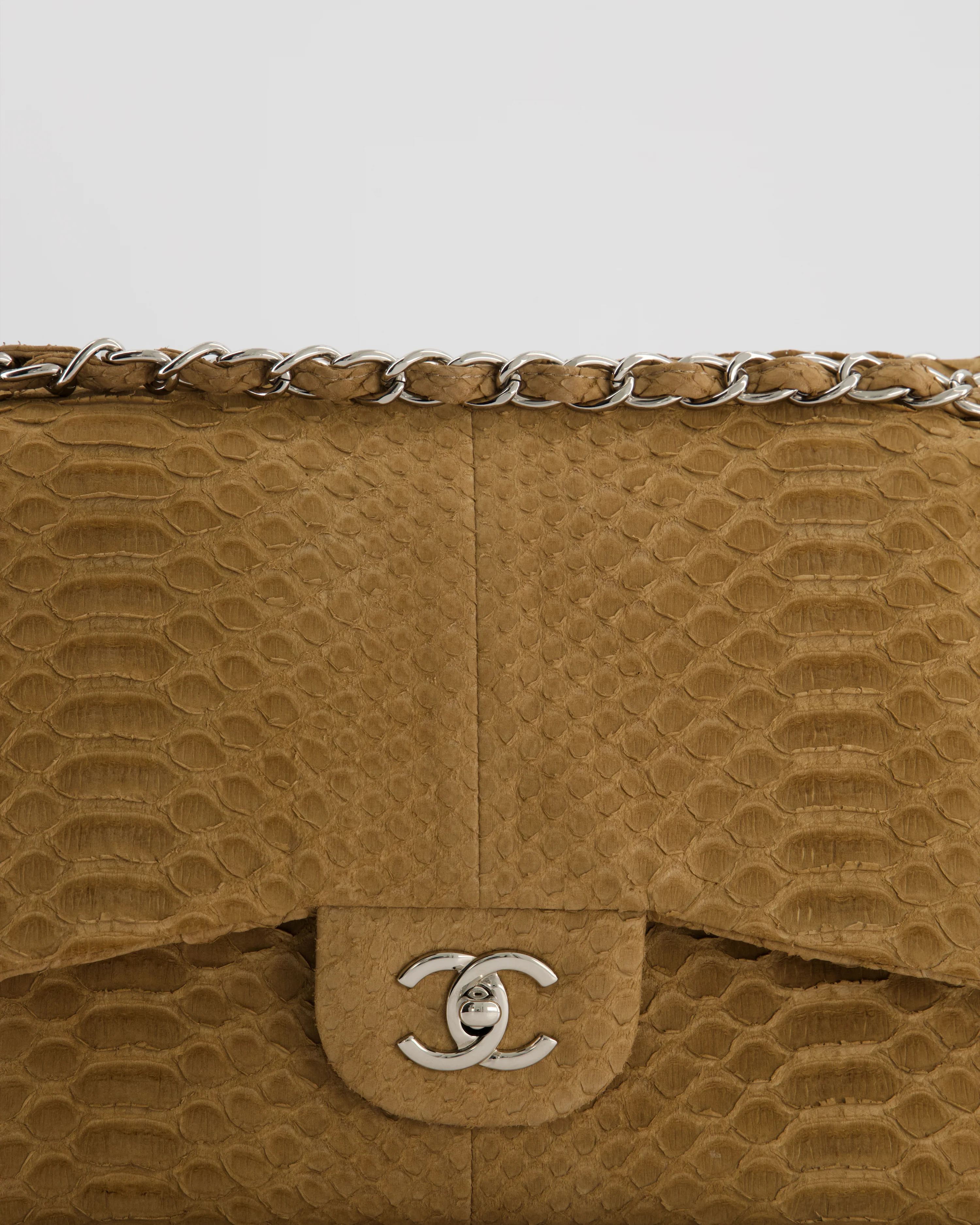 Chanel Beige Python Leather Jumbo Classic Double Flap Bag with Silver Hardware - Image 18