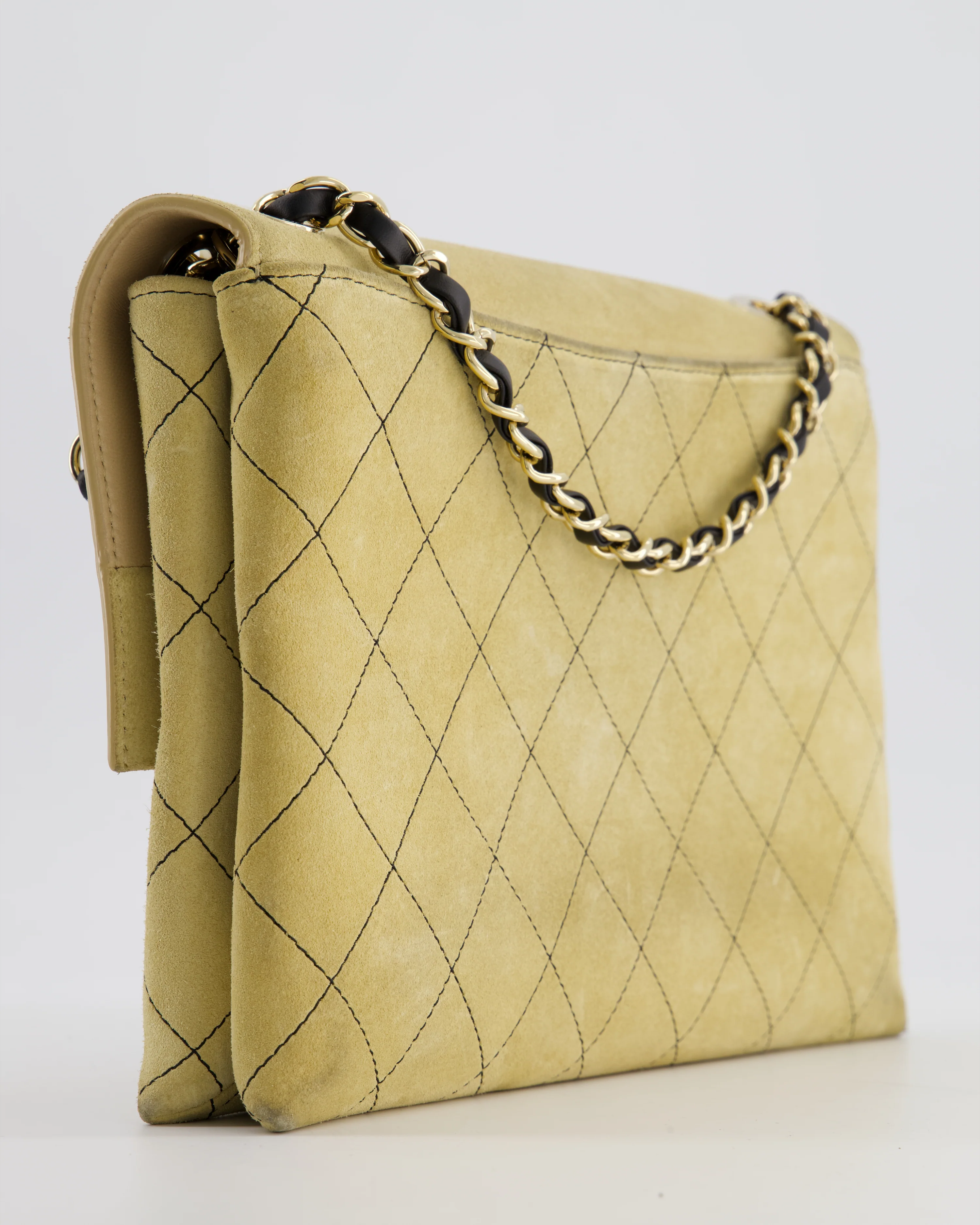Chanel Beige Retro Label Matelasse Suede Flap Bag with Black Leather Chain & Champagne Gold Hardware - Image 14