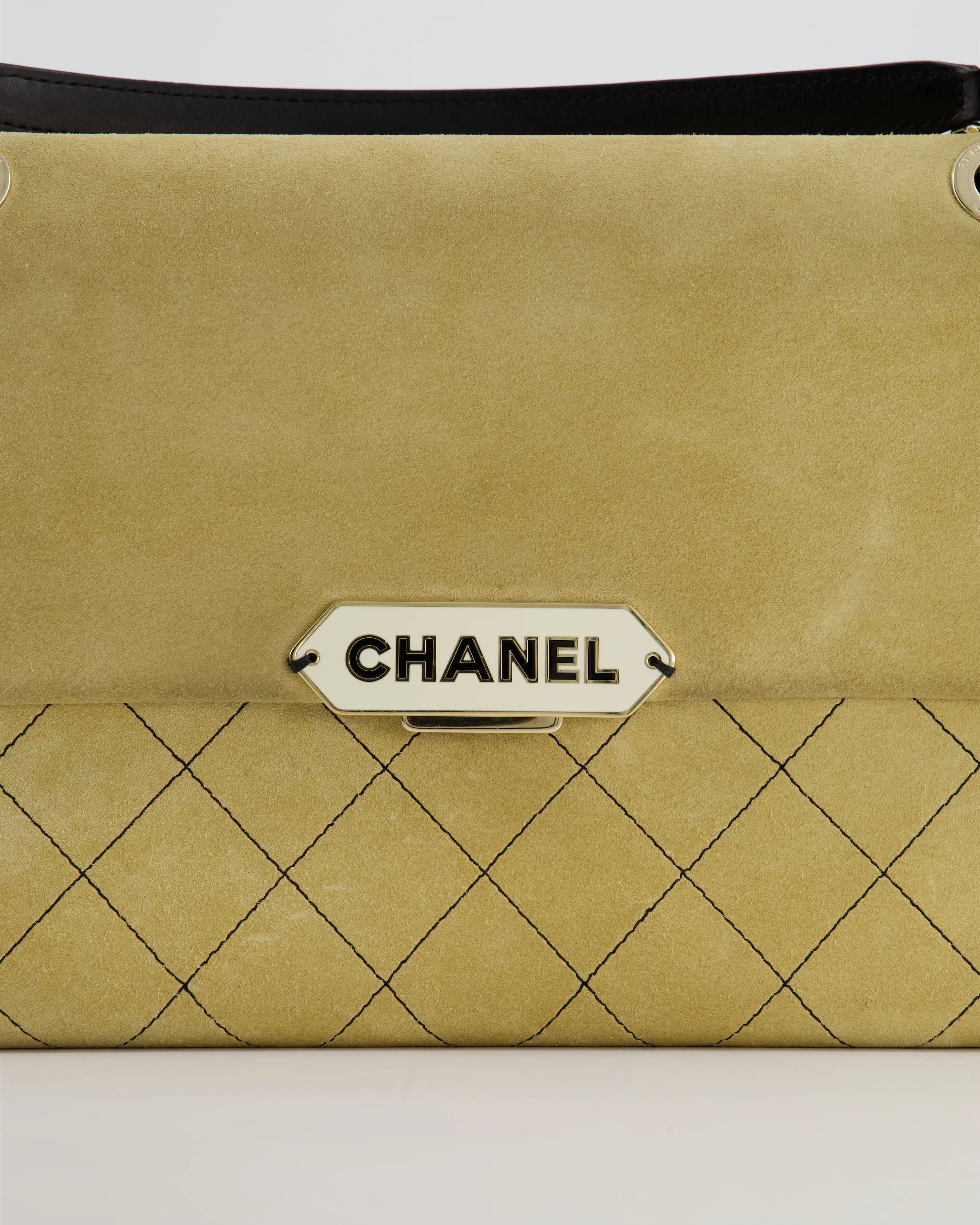 Chanel Beige Retro Label Matelasse Suede Flap Bag with Black Leather Chain & Champagne Gold Hardware - Image 16