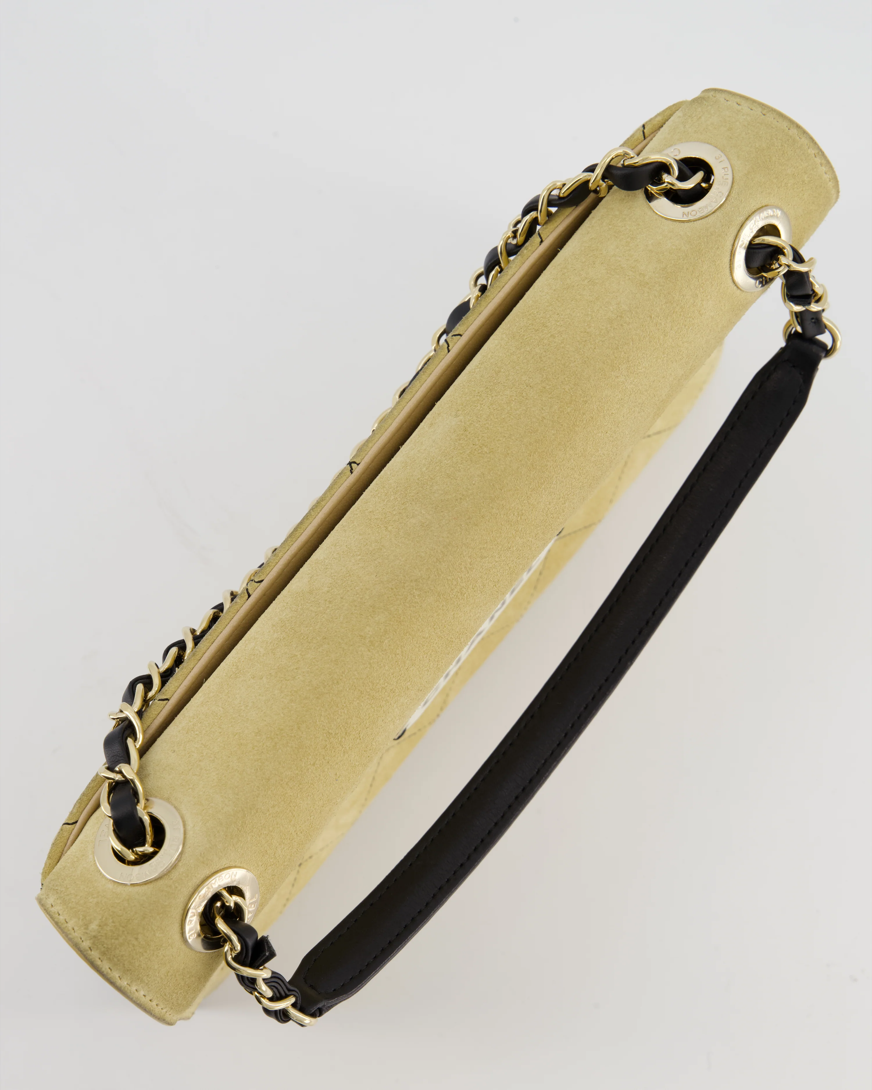 Chanel Beige Retro Label Matelasse Suede Flap Bag with Black Leather Chain & Champagne Gold Hardware - Image 17