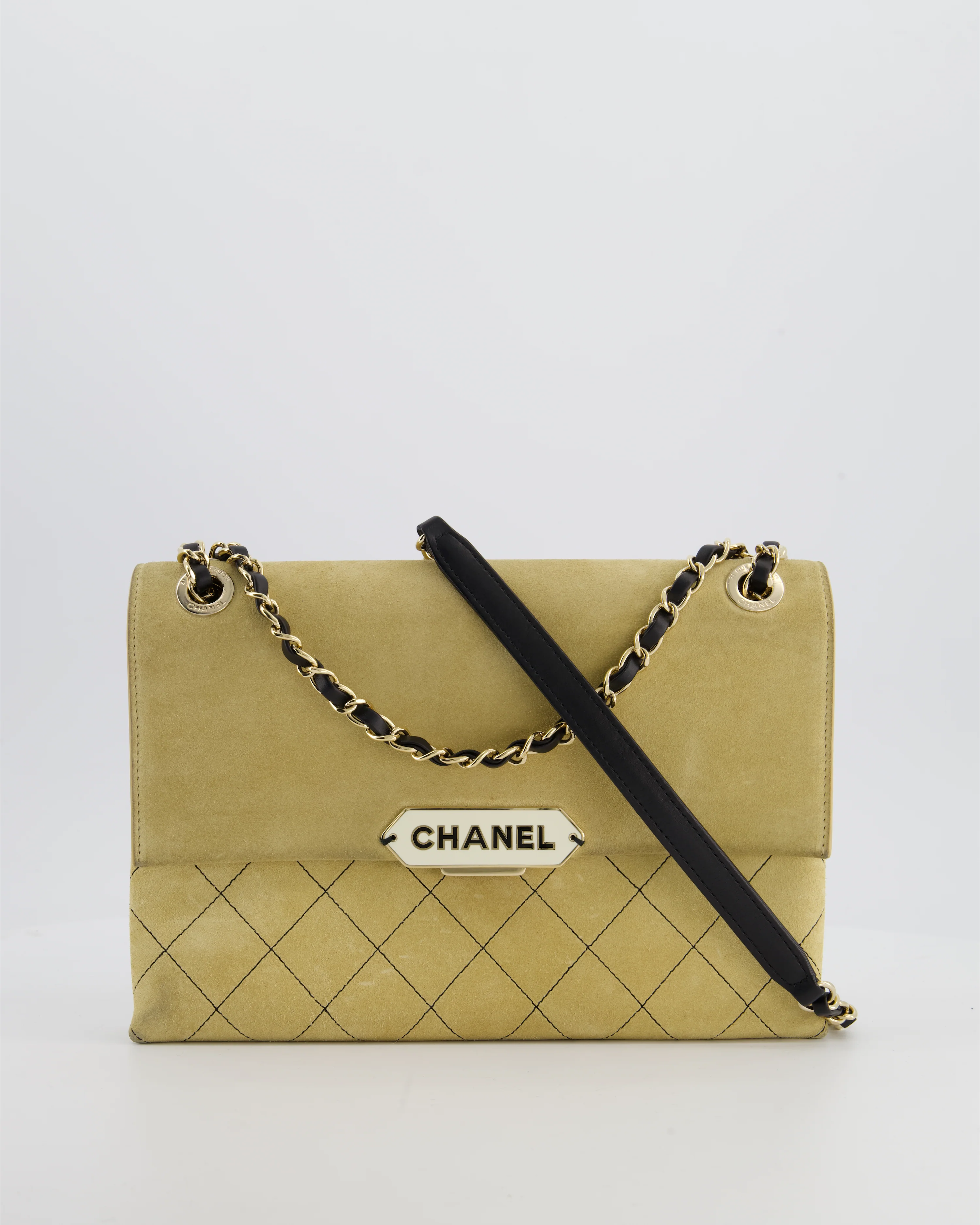 Chanel Beige Retro Label Matelasse Suede Flap Bag with Black Leather Chain & Champagne Gold Hardware - Image 2
