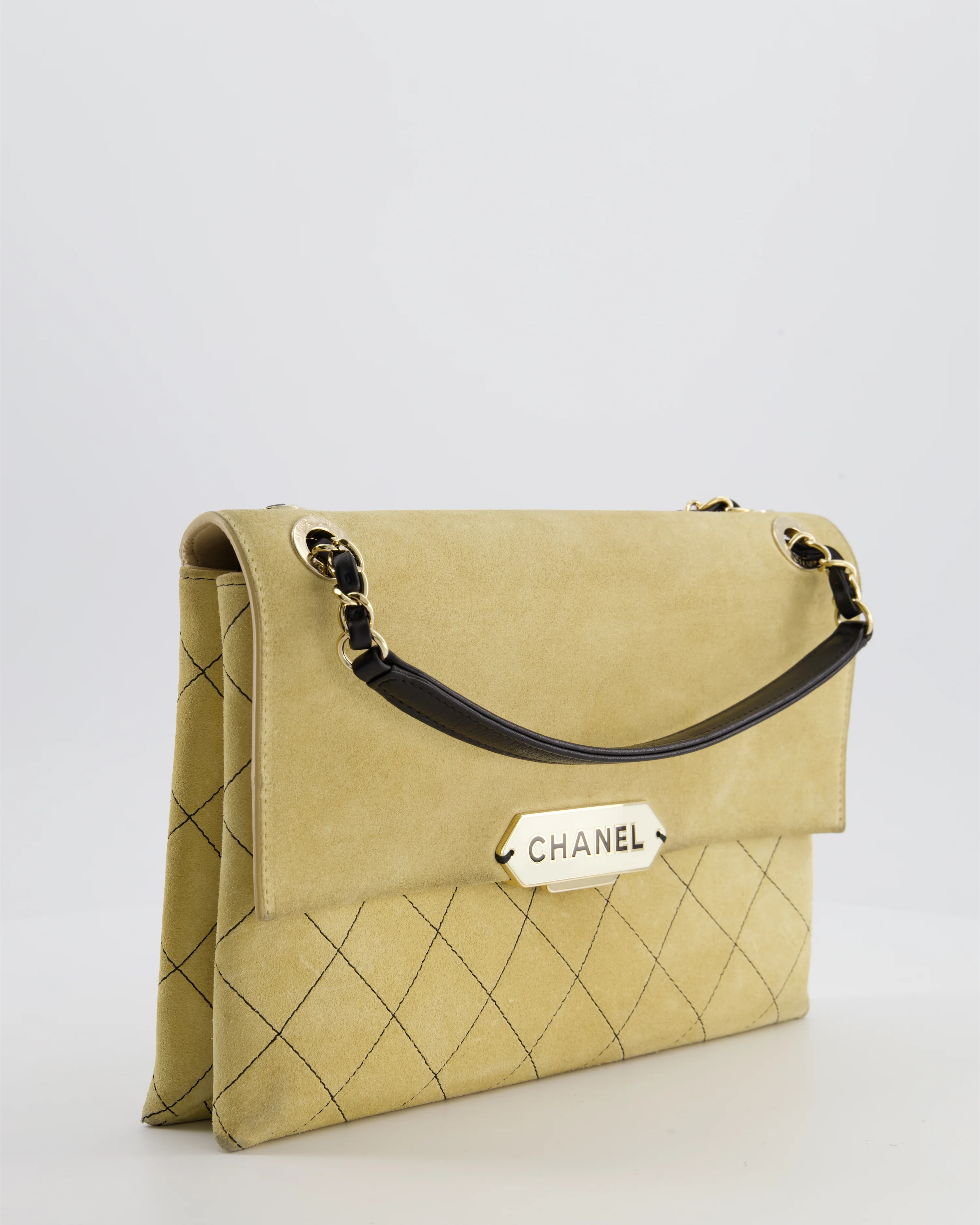 Chanel Beige Retro Label Matelasse Suede Flap Bag with Black Leather Chain & Champagne Gold Hardware - Image 4