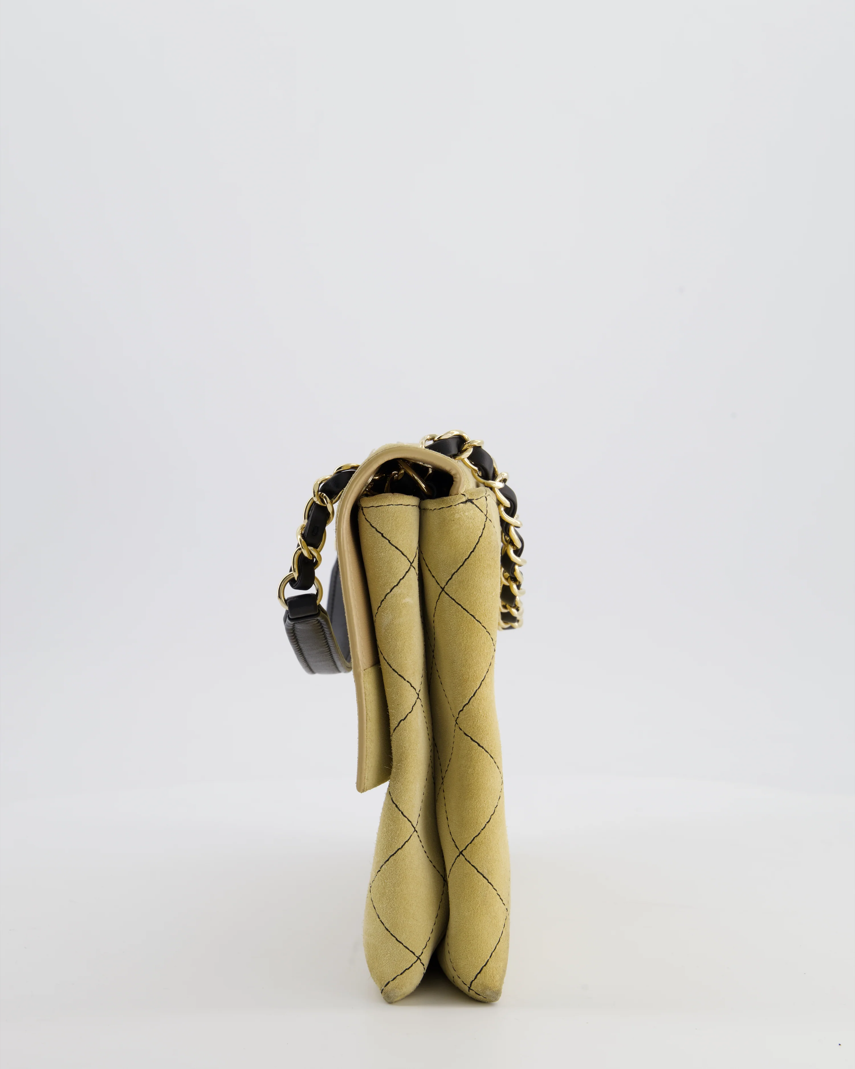 Chanel Beige Retro Label Matelasse Suede Flap Bag with Black Leather Chain & Champagne Gold Hardware - Image 9