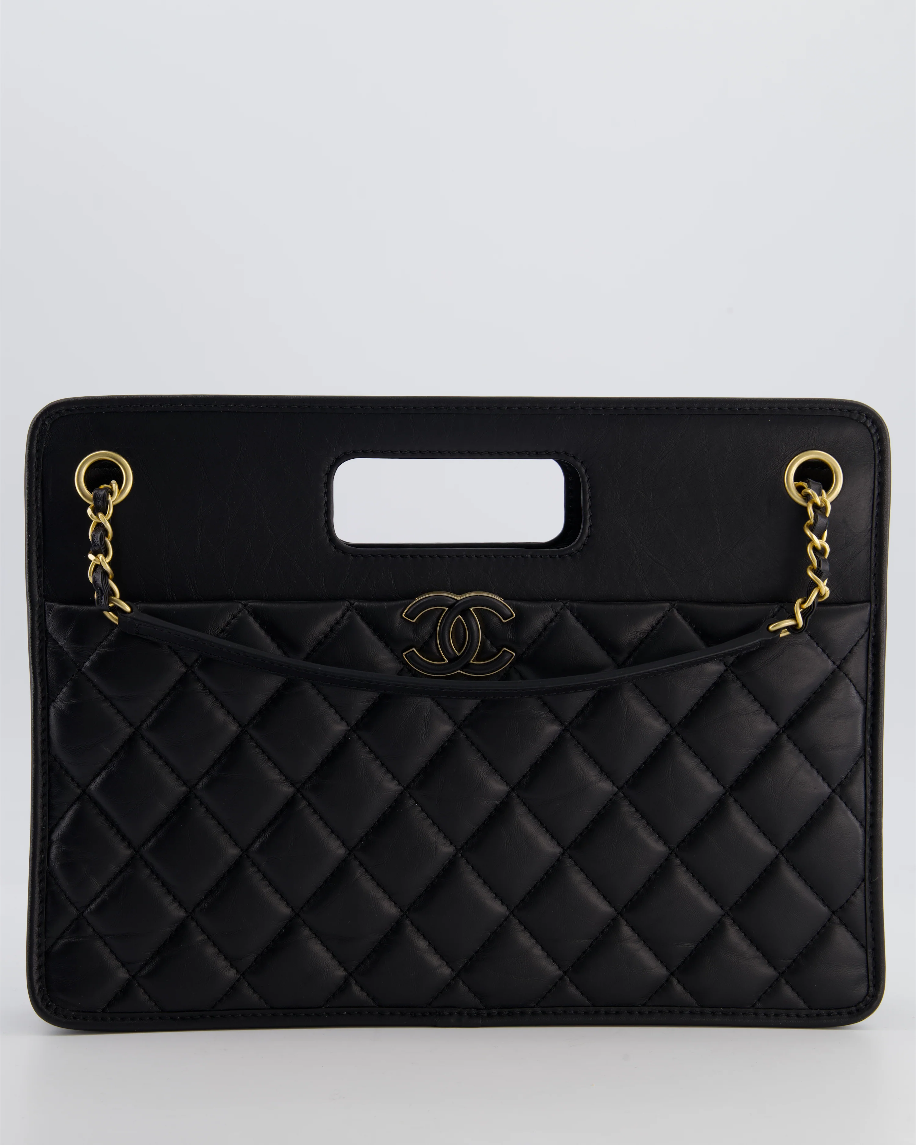 Chanel Black Aged Calfskin Quilted Small Graphic Catch Shopping Bag with Gold Hardware