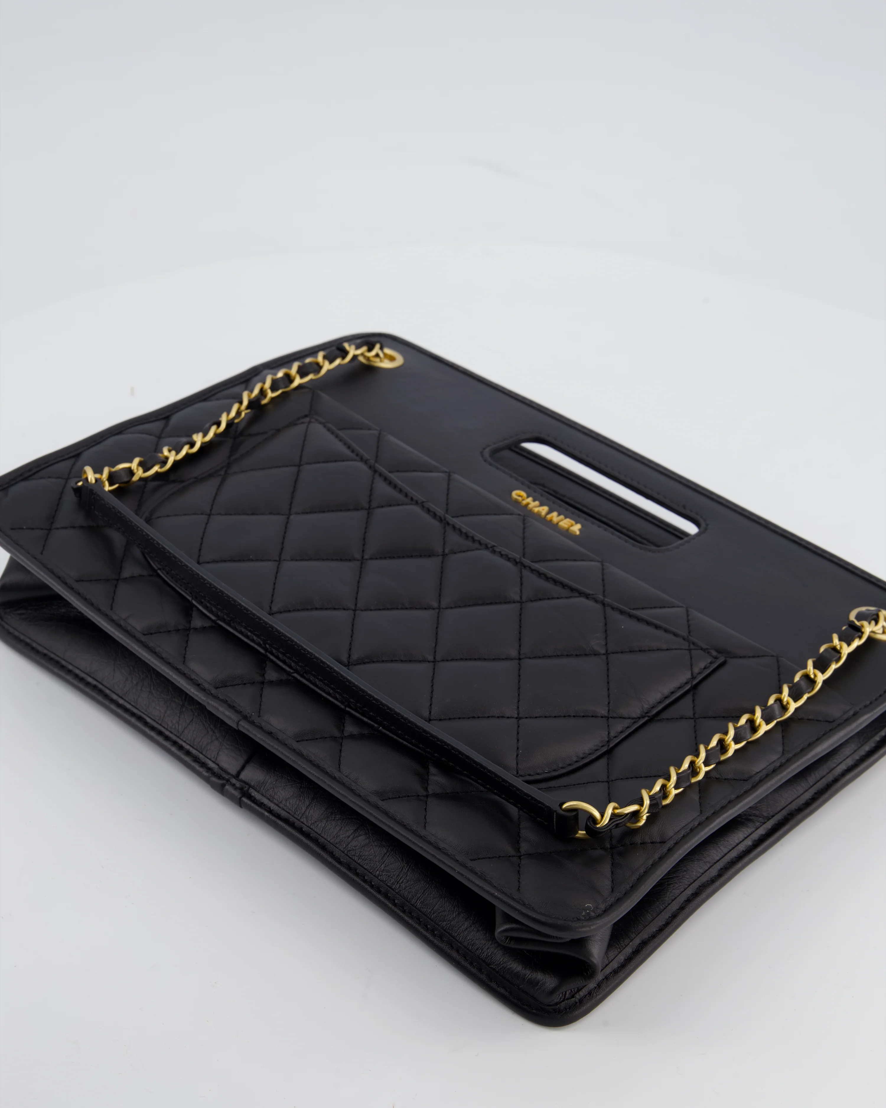 Chanel Black Aged Calfskin Quilted Small Graphic Catch Shopping Bag with Gold Hardware - Image 16
