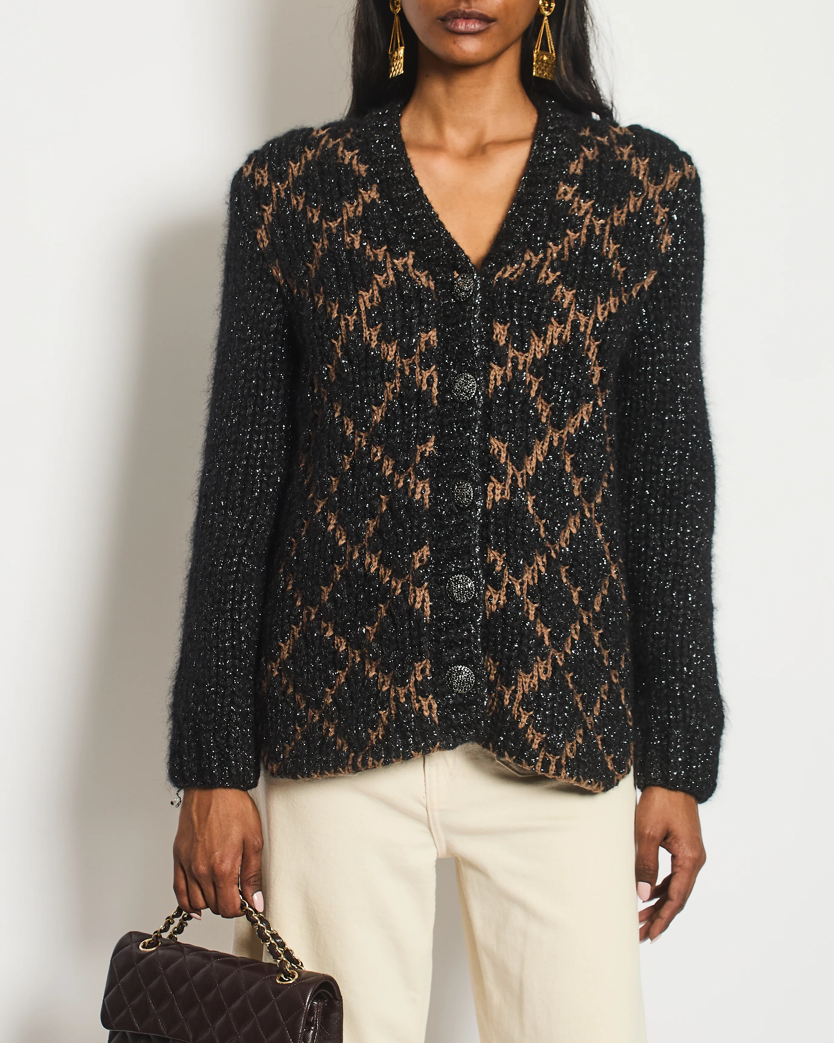 Chanel 15 F/W Black and Brown Quilted Mohair Cardigan with Silver Threads and Black Chain Button Details Size FR 34 (UK 6)