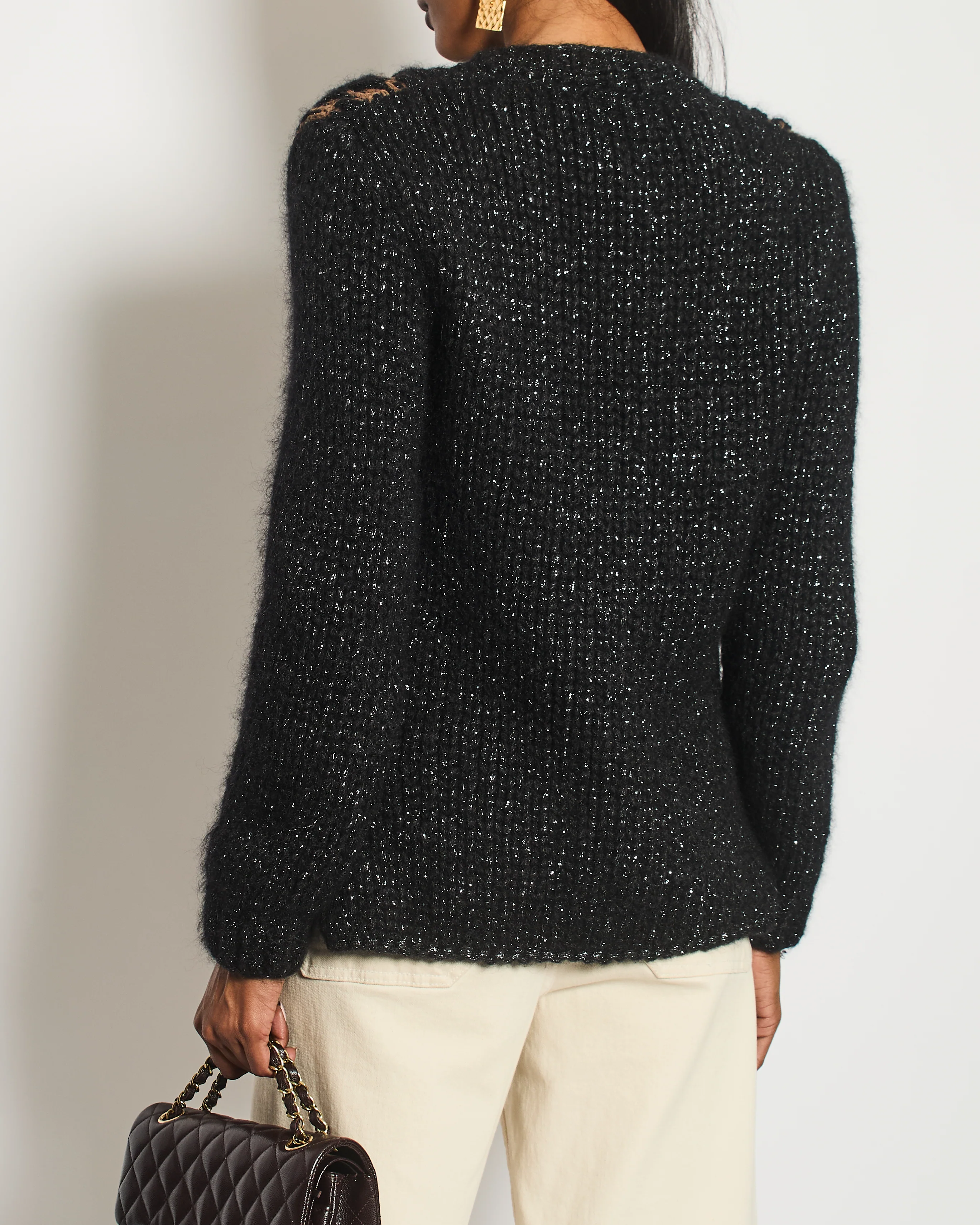 Chanel 15 F/W Black and Brown Quilted Mohair Cardigan with Silver Threads and Black Chain Button Details Size FR 34 (UK 6) - Image 3