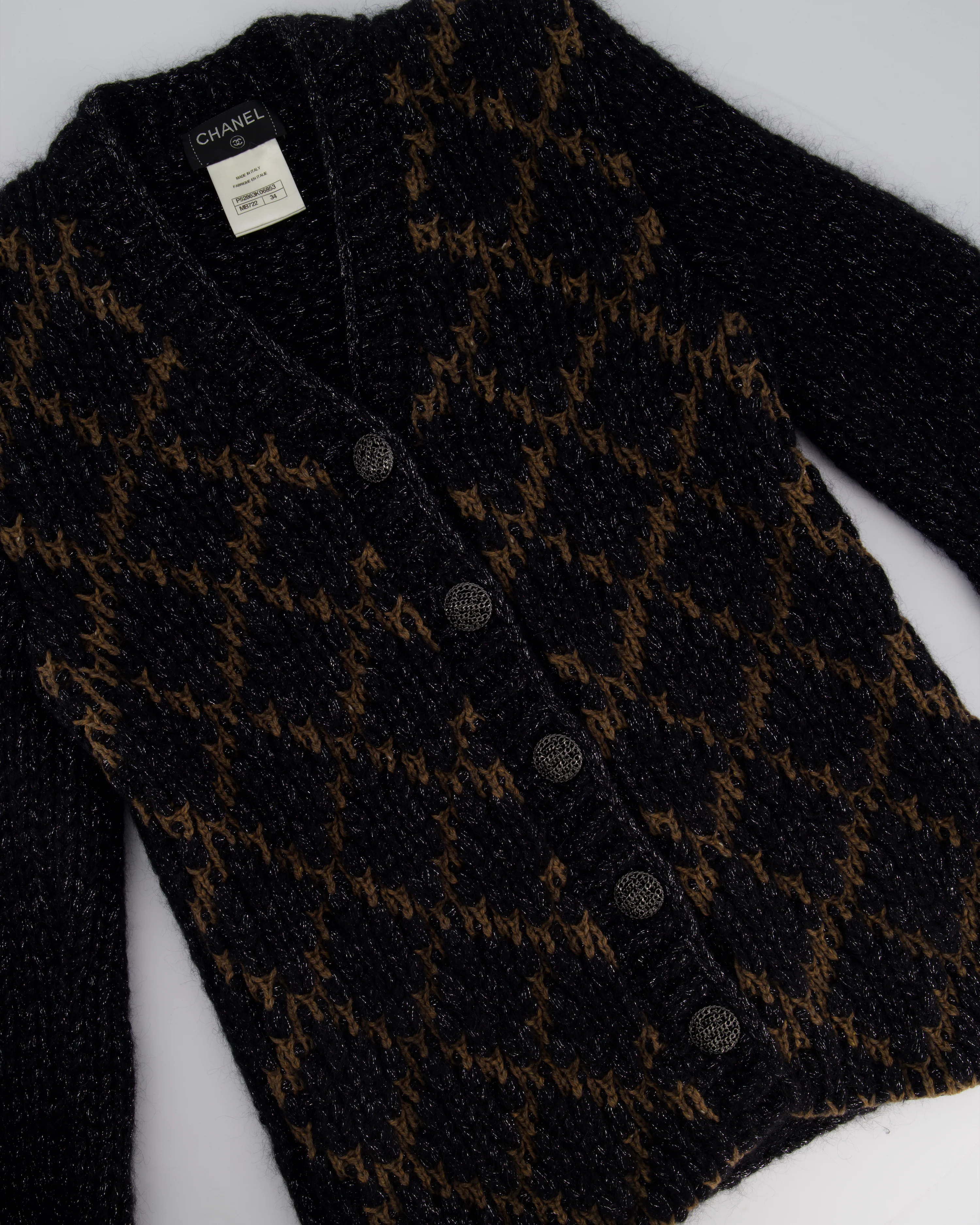 Chanel 15 F/W Black and Brown Quilted Mohair Cardigan with Silver Threads and Black Chain Button Details Size FR 34 (UK 6) - Image 5