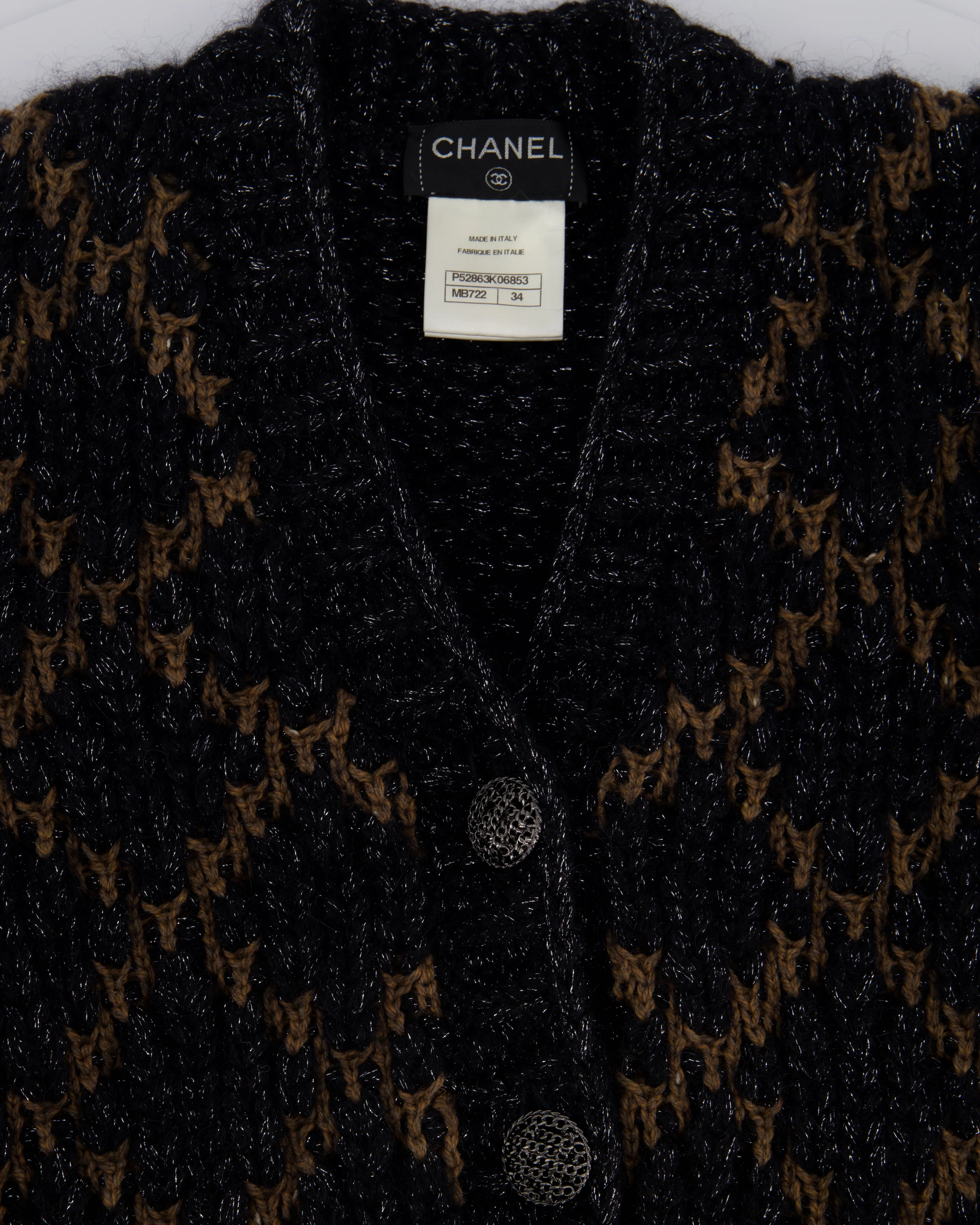 Chanel 15 F/W Black and Brown Quilted Mohair Cardigan with Silver Threads and Black Chain Button Details Size FR 34 (UK 6) - Image 7