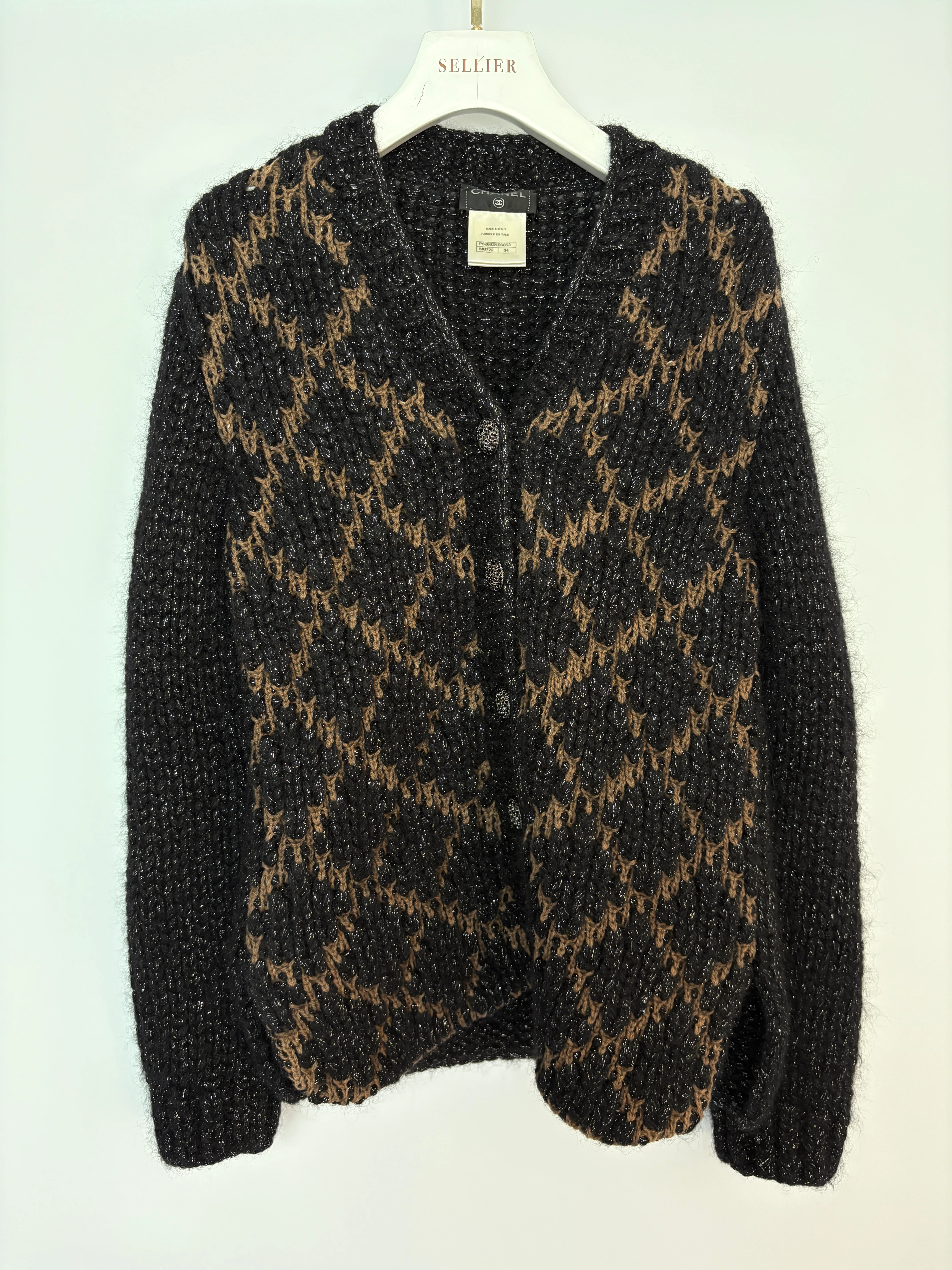 Chanel 15 F/W Black and Brown Quilted Mohair Cardigan with Silver Threads and Black Chain Button Details Size FR 34 (UK 6) - Image 8