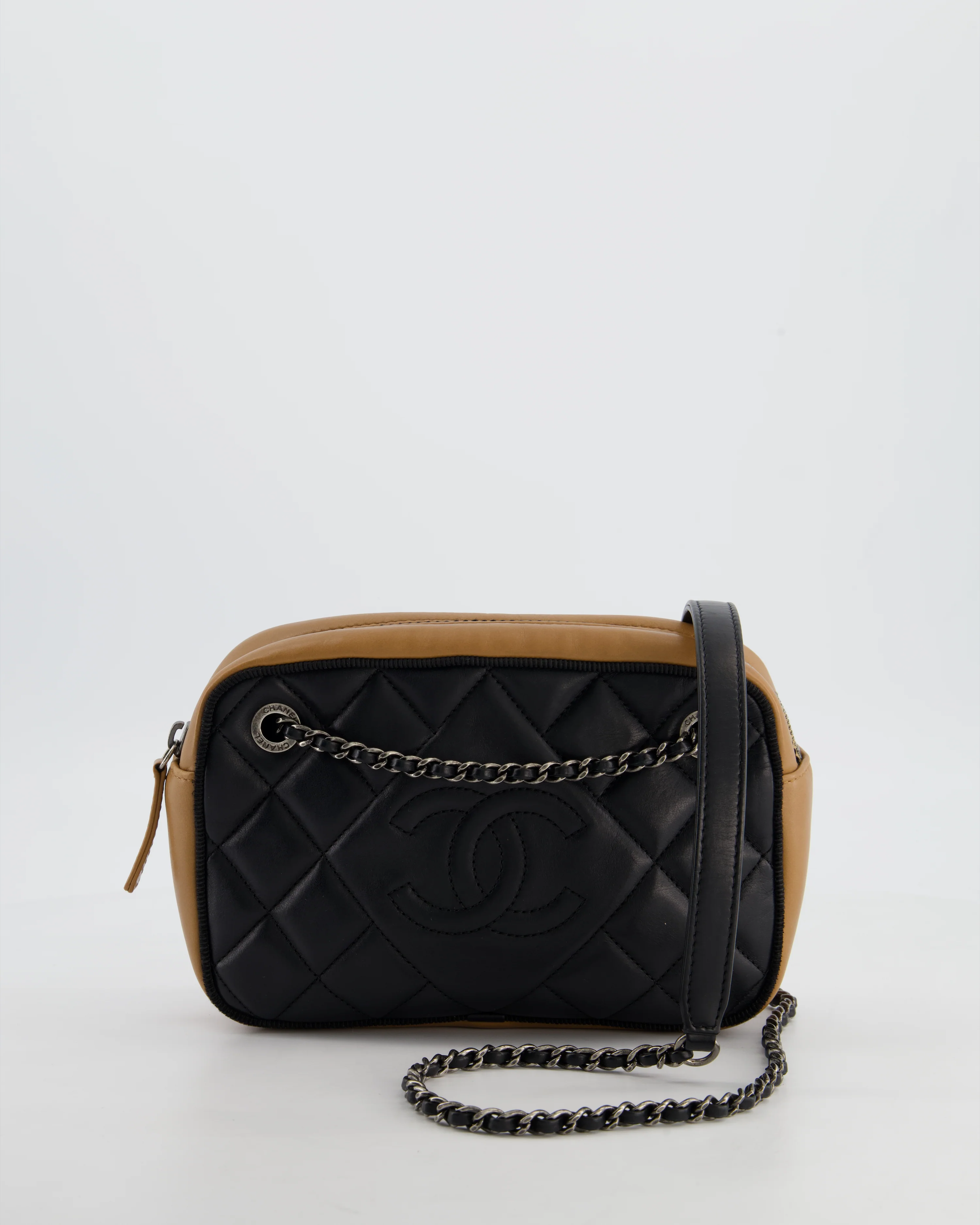 Chanel Black and Brown Two-Tone Quilted Camera Bag in Quilted Lambskin Leather with Ruthenium Hardware