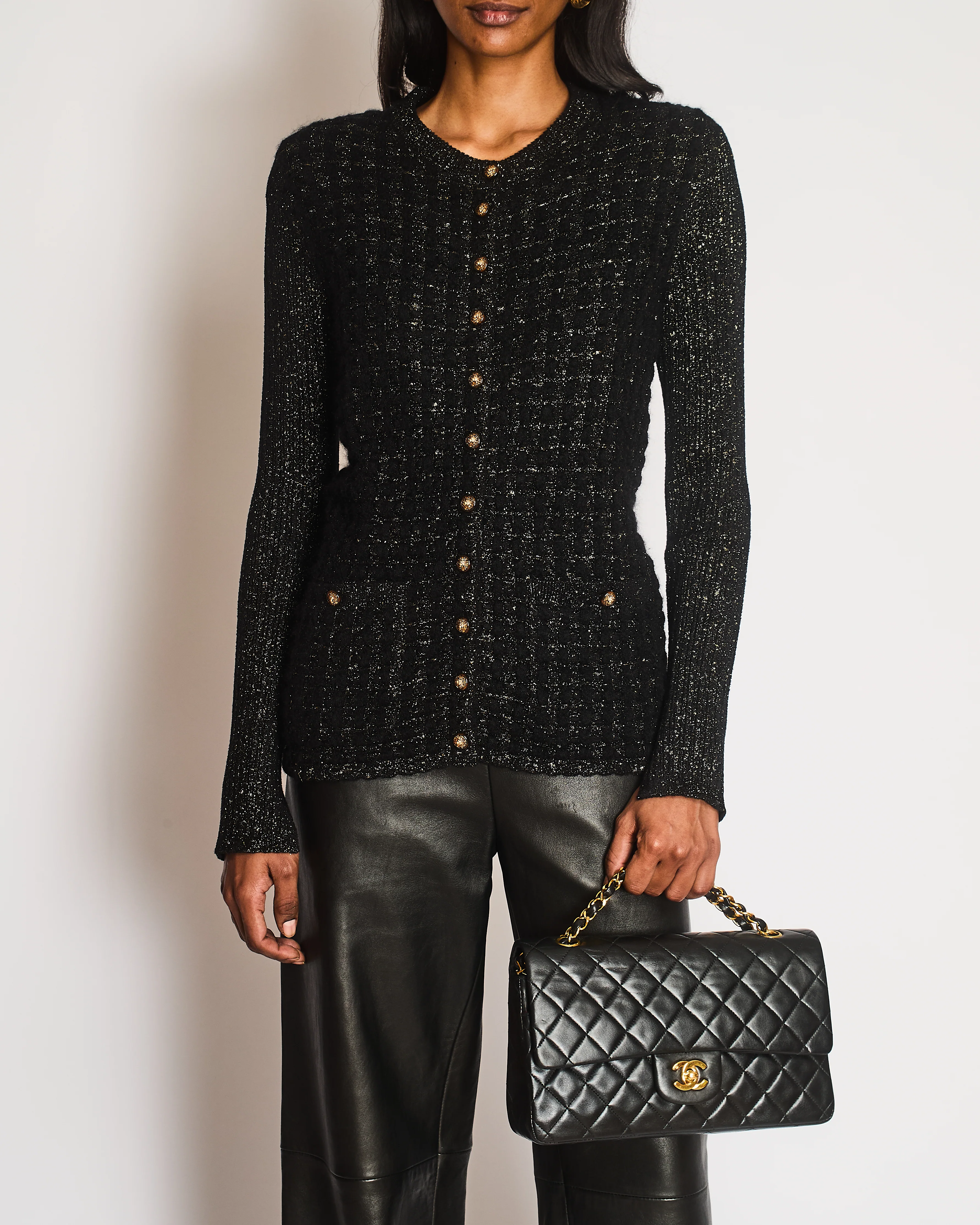 Chanel Black and Gold Metallic Cardigan with Gold Lion CC Logo Buttons Size FR 38 (UK 10)