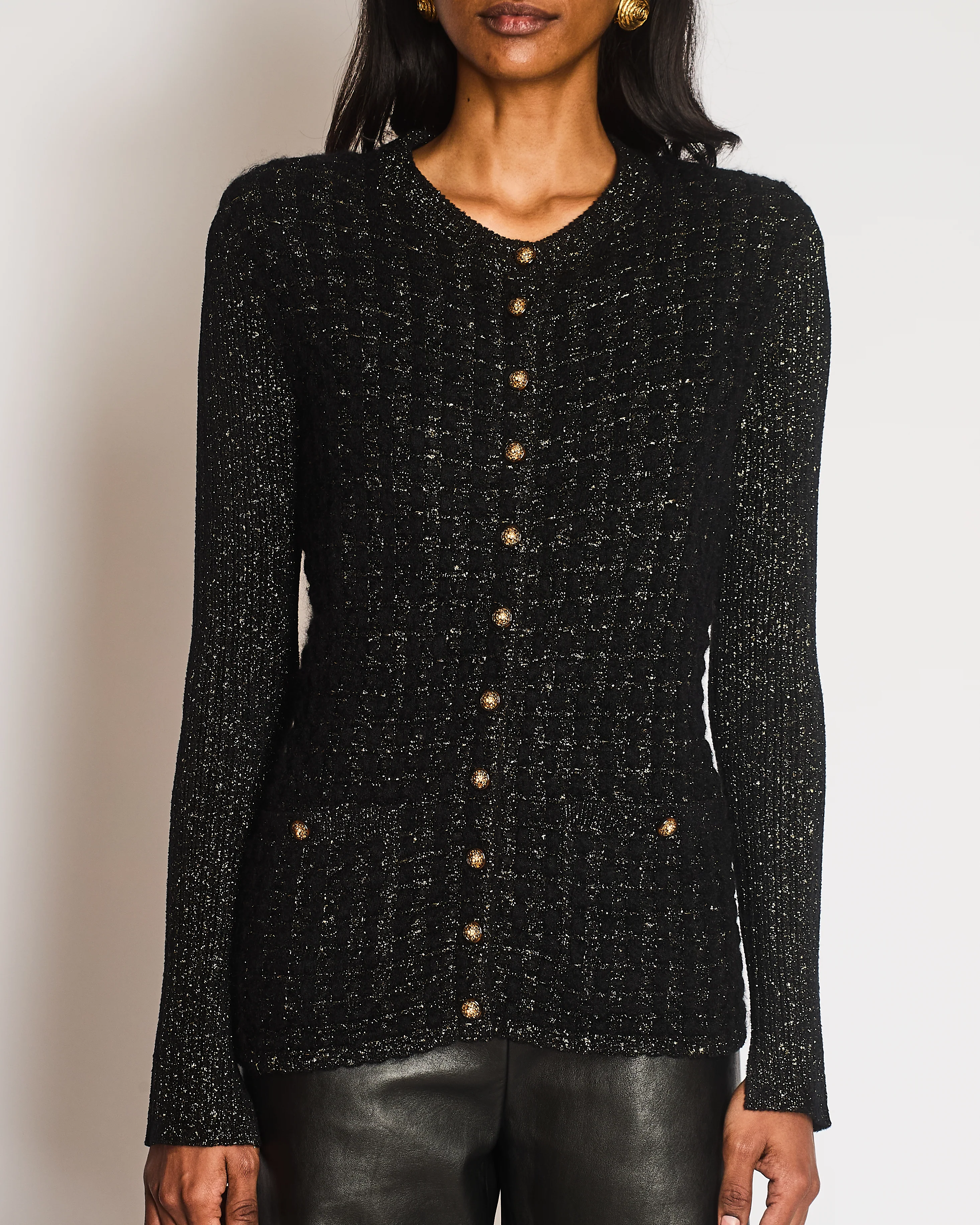 Chanel Black and Gold Metallic Cardigan with Gold Lion CC Logo Buttons Size FR 38 (UK 10) - Image 2