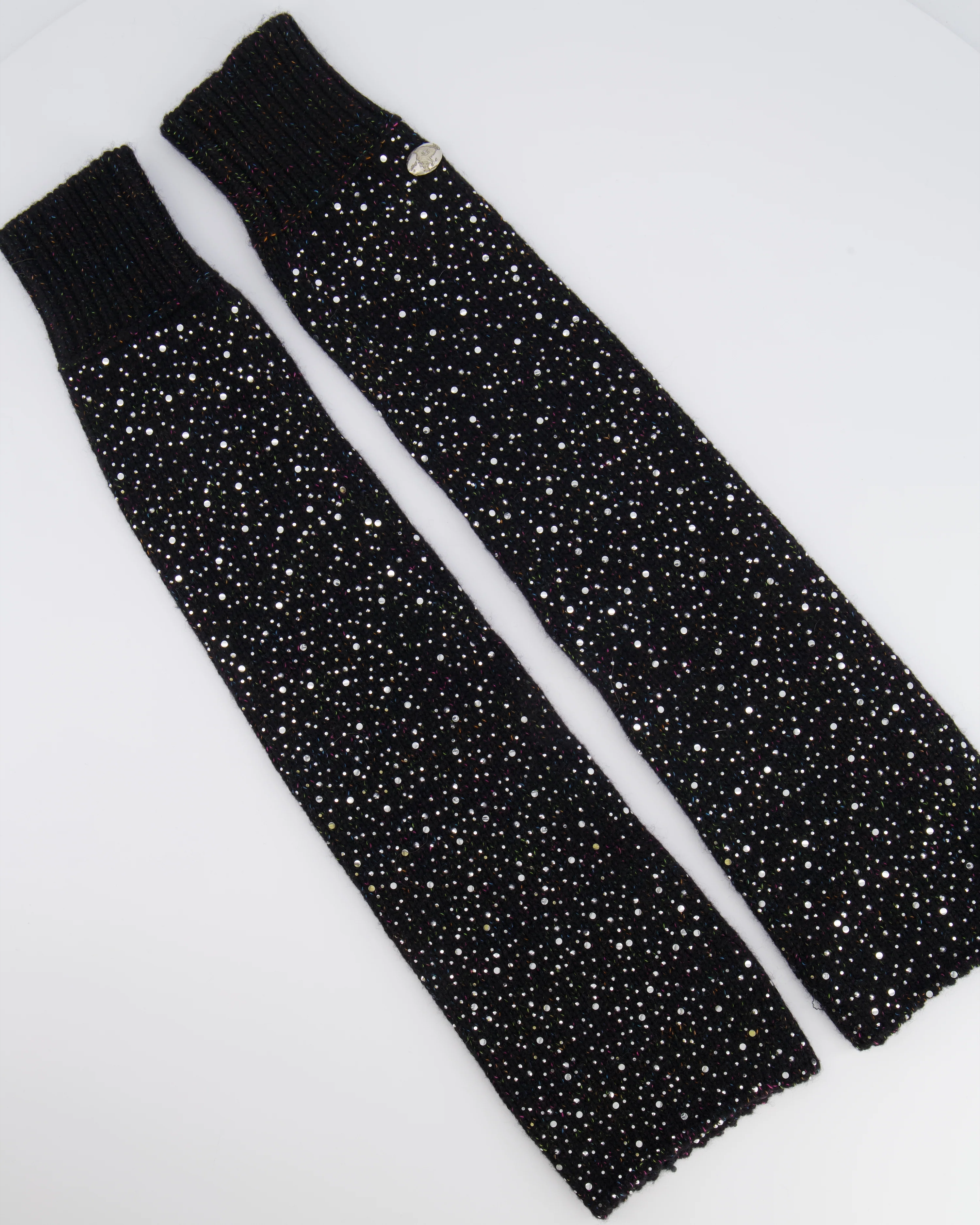 Chanel Black and Multi-Colour Wool Knitted Long Mitten Gloves with Silver Sequin Embellishments Size M
