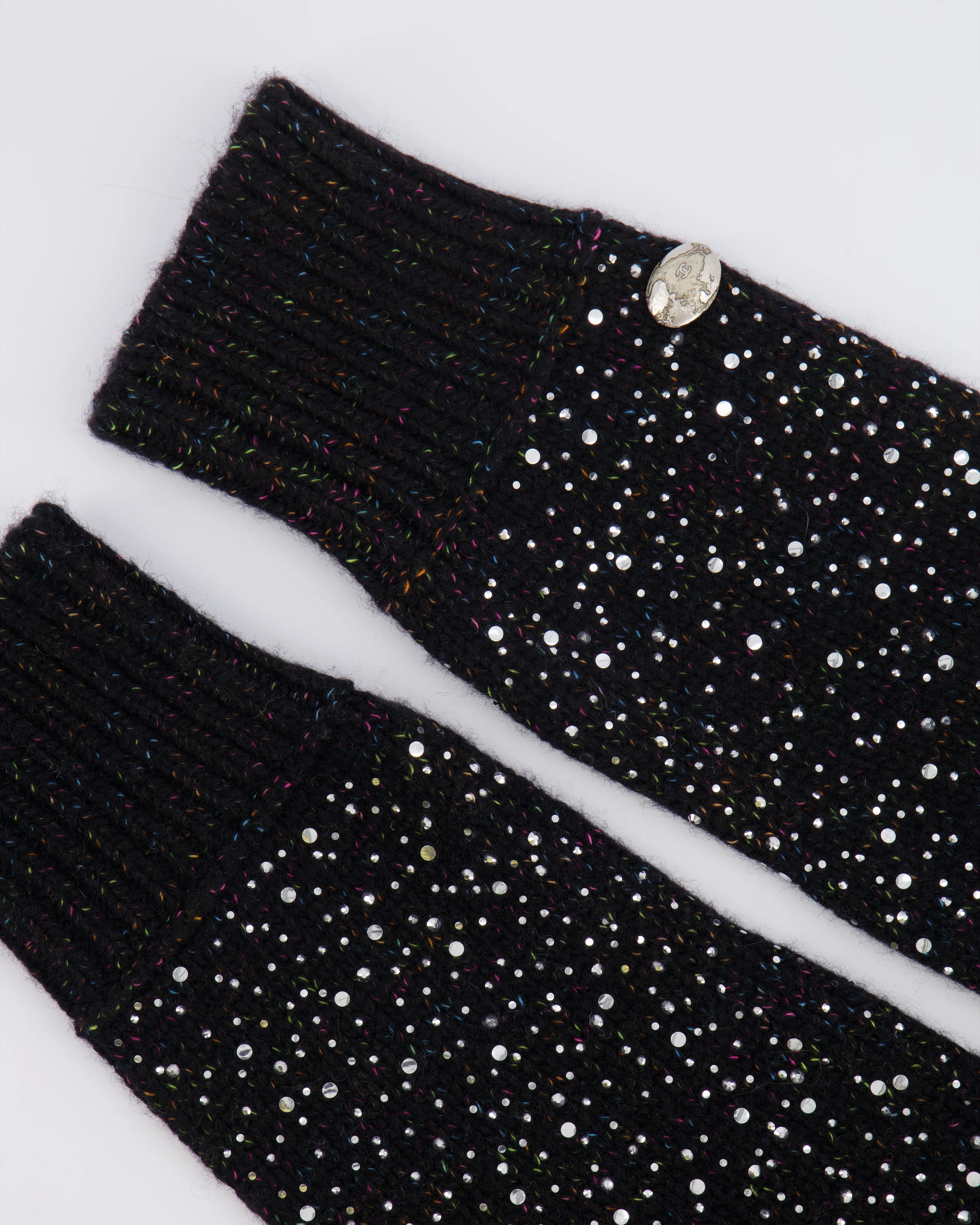 Chanel Black and Multi-Colour Wool Knitted Long Mitten Gloves with Silver Sequin Embellishments Size M - Image 2