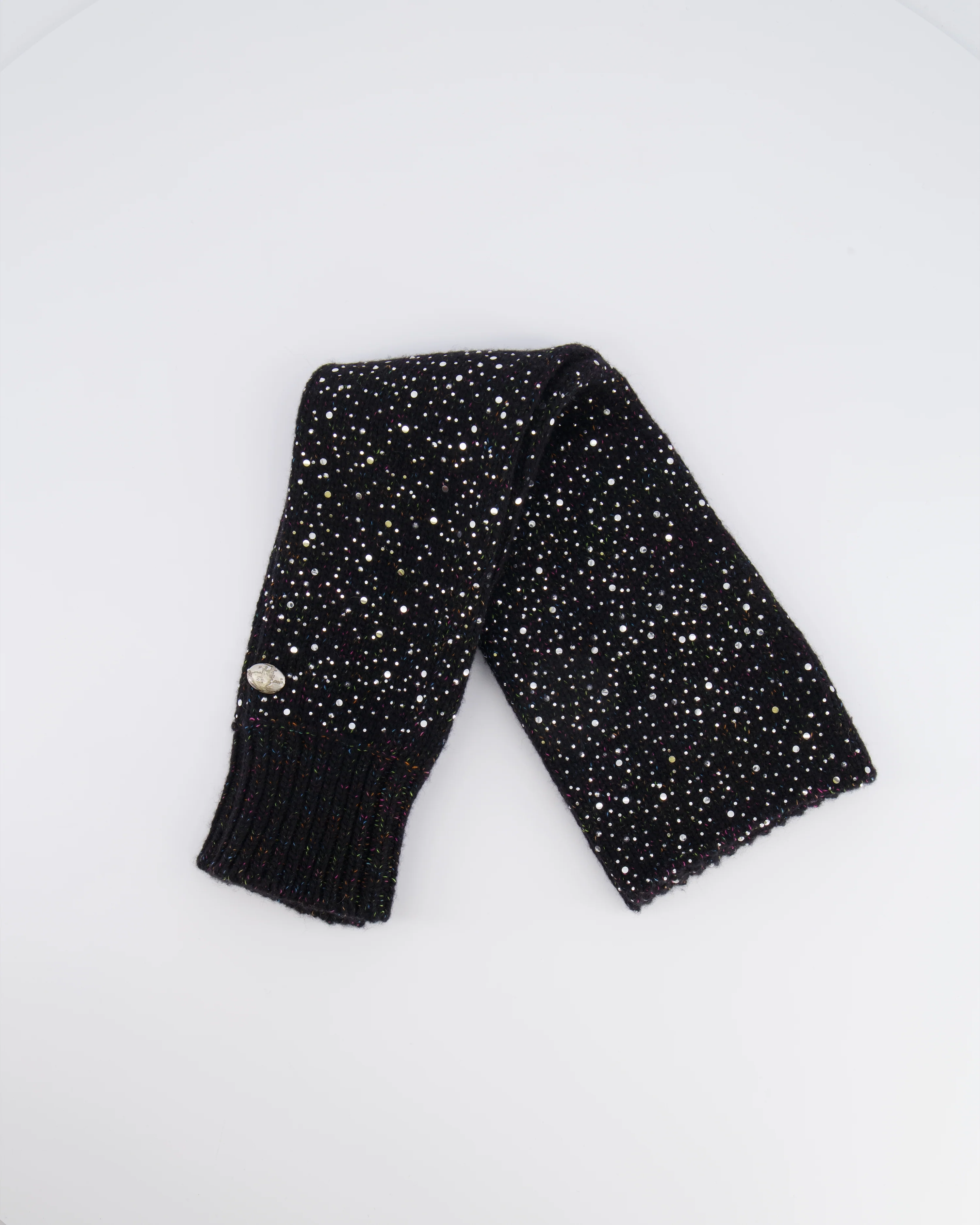 Chanel Black and Multi-Colour Wool Knitted Long Mitten Gloves with Silver Sequin Embellishments Size M - Image 3