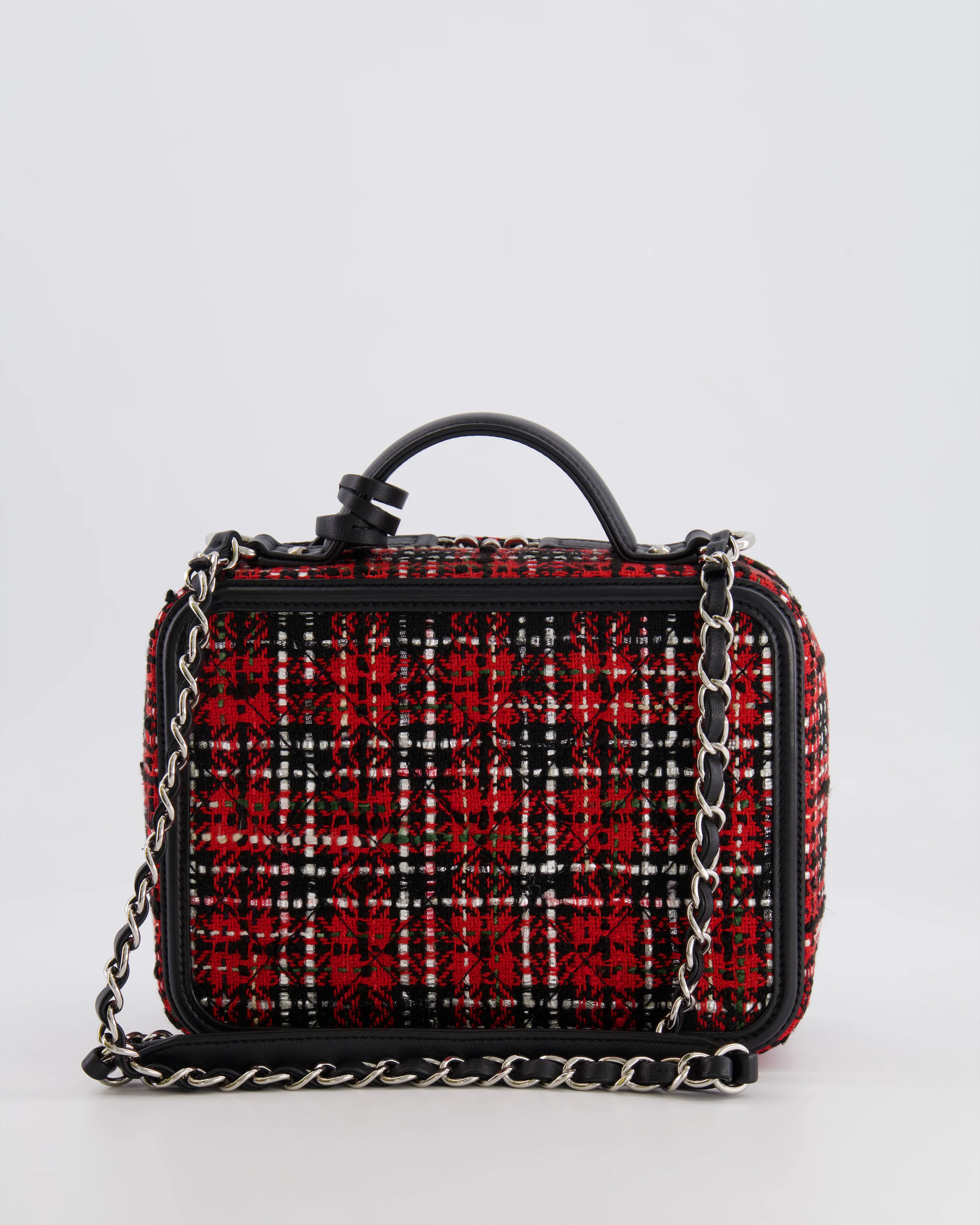 Chanel Black and Red Medium CC Filigree Vanity Case Bag in Tweed with Silver Hardware and Chain Detail - Image 10