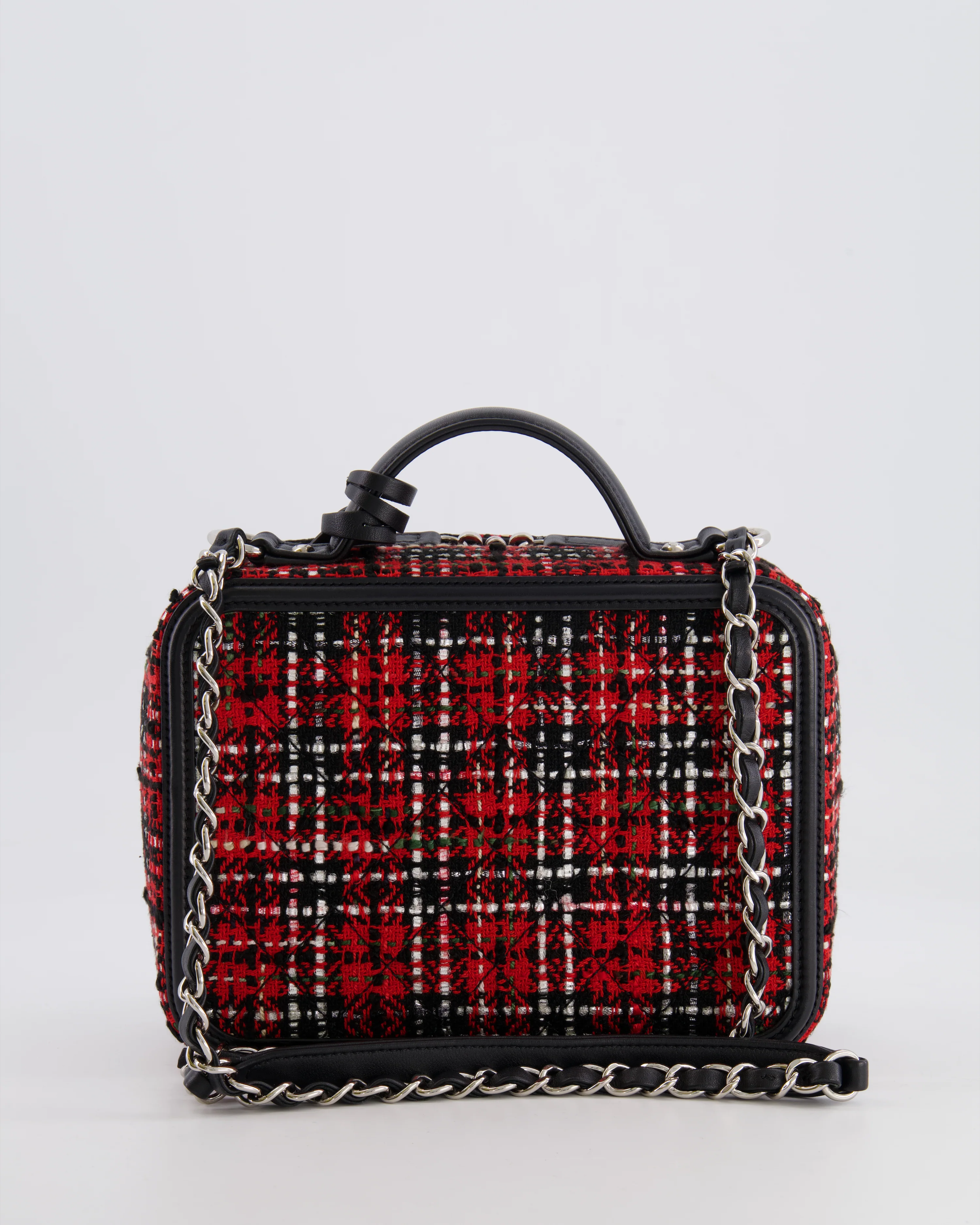 Chanel Black and Red Medium CC Filigree Vanity Case Bag in Tweed with Silver Hardware and Chain Detail - Image 11