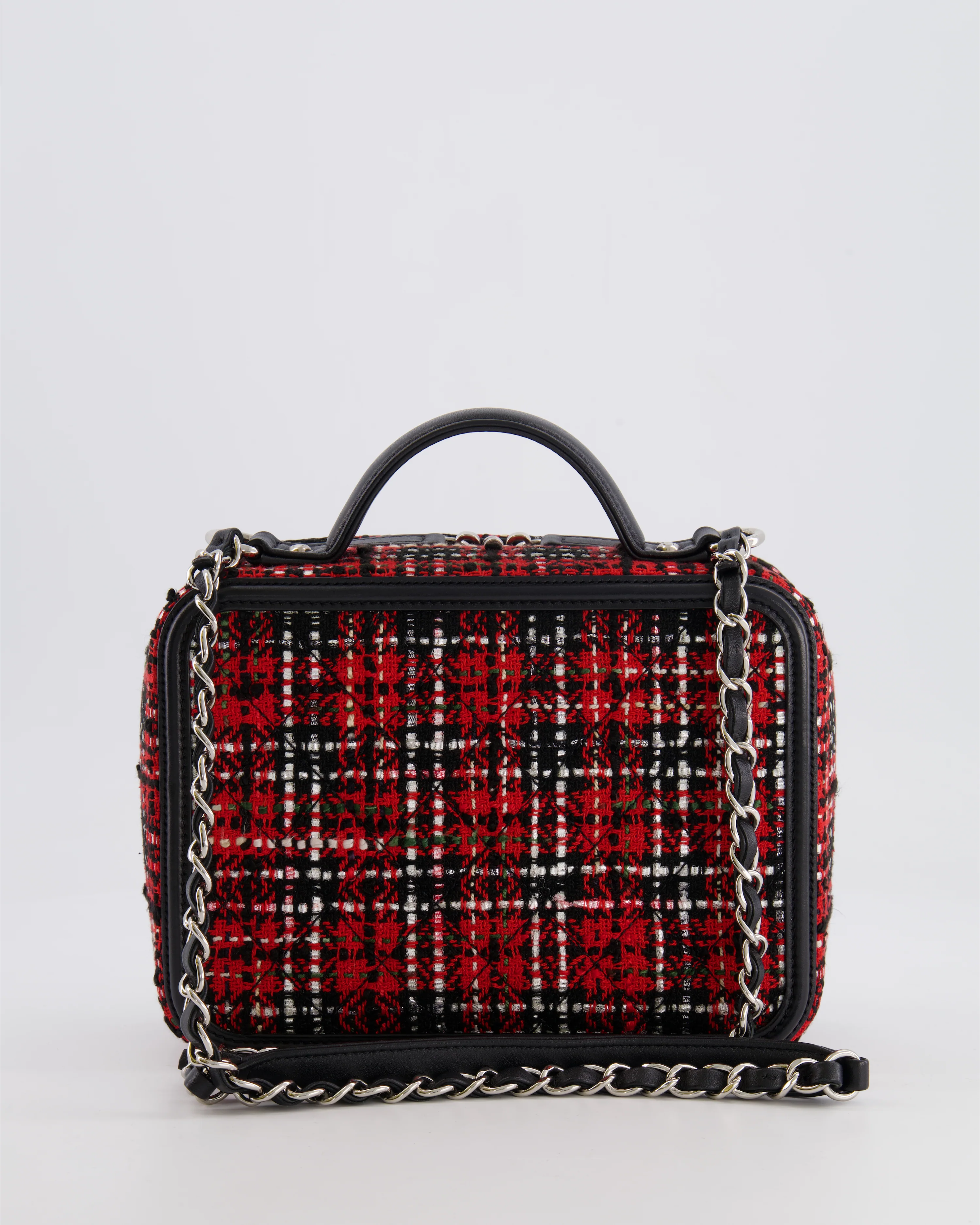 Chanel Black and Red Medium CC Filigree Vanity Case Bag in Tweed with Silver Hardware and Chain Detail - Image 12