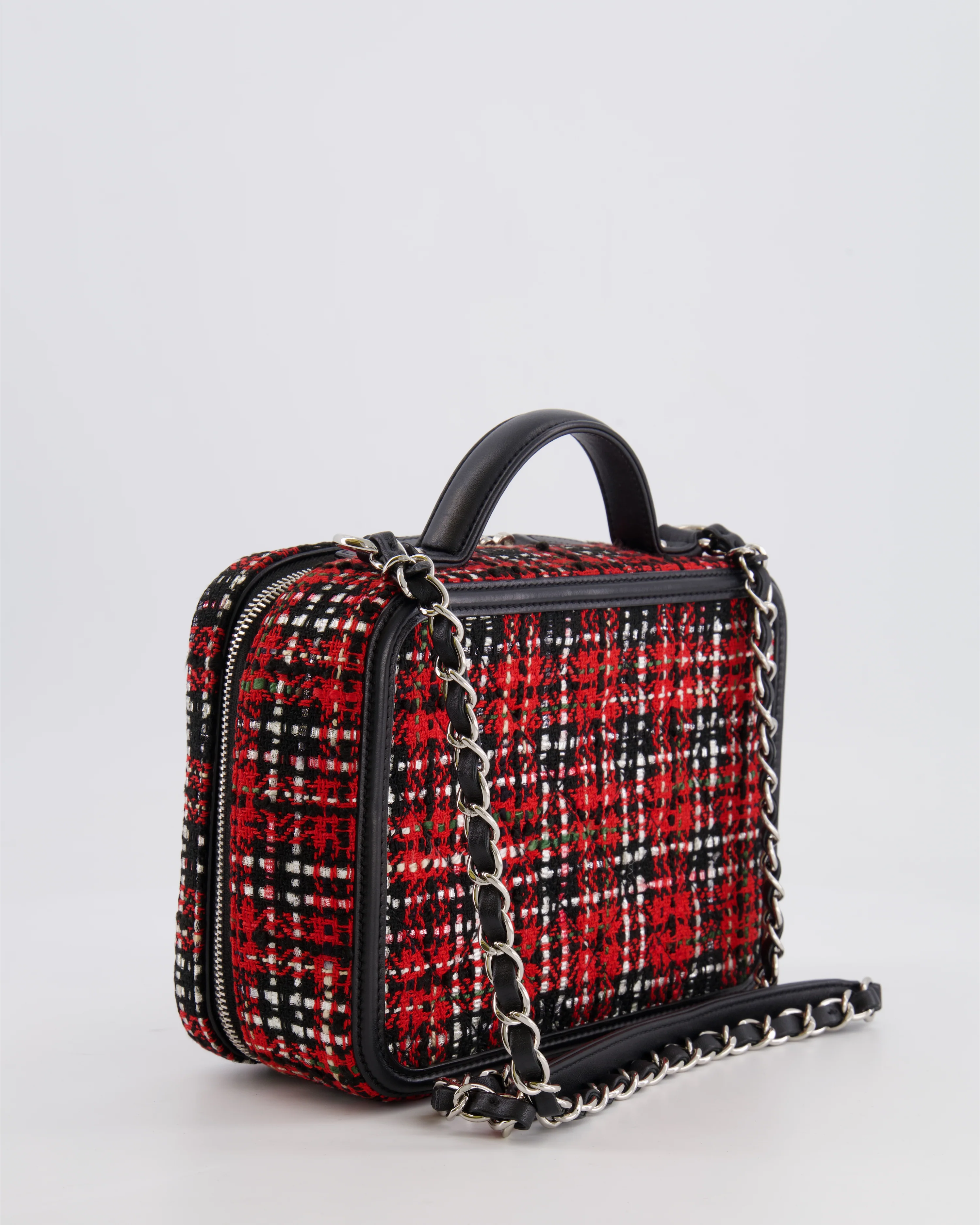 Chanel Black and Red Medium CC Filigree Vanity Case Bag in Tweed with Silver Hardware and Chain Detail - Image 13