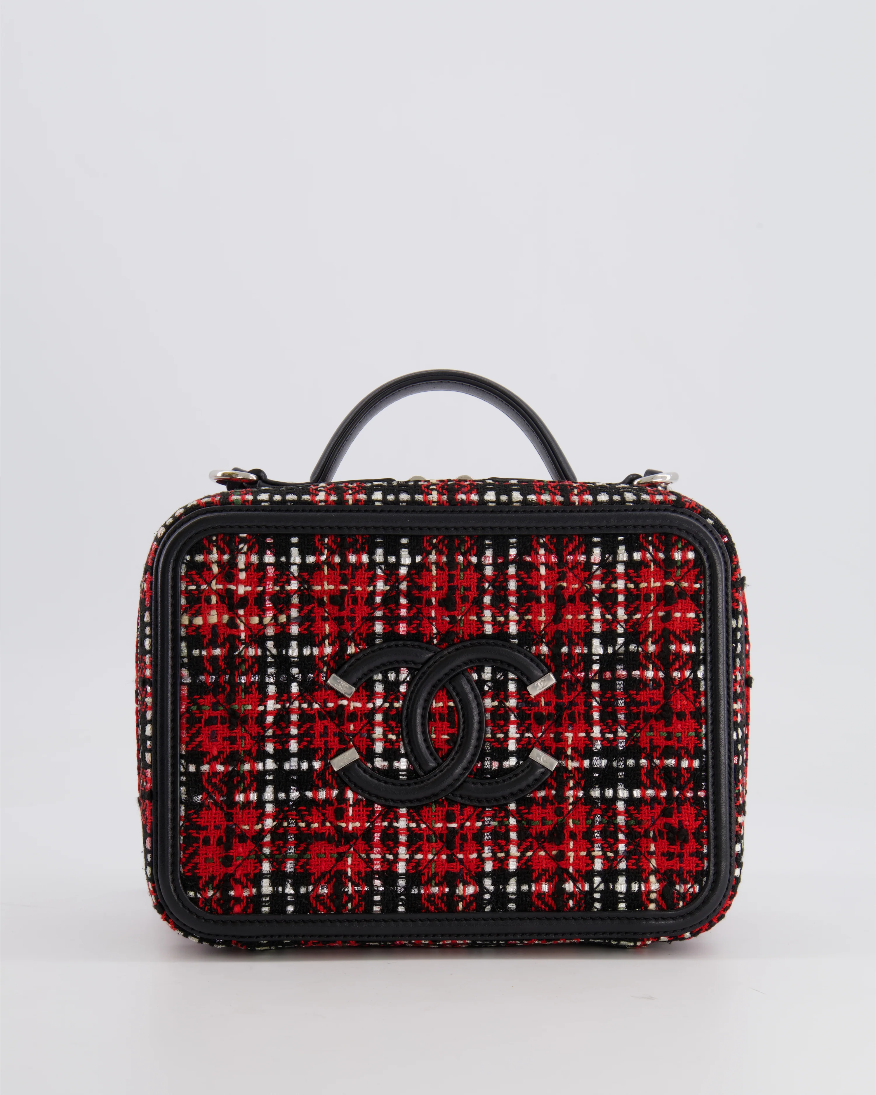 Chanel Black and Red Medium CC Filigree Vanity Case Bag in Tweed with Silver Hardware and Chain Detail - Image 4
