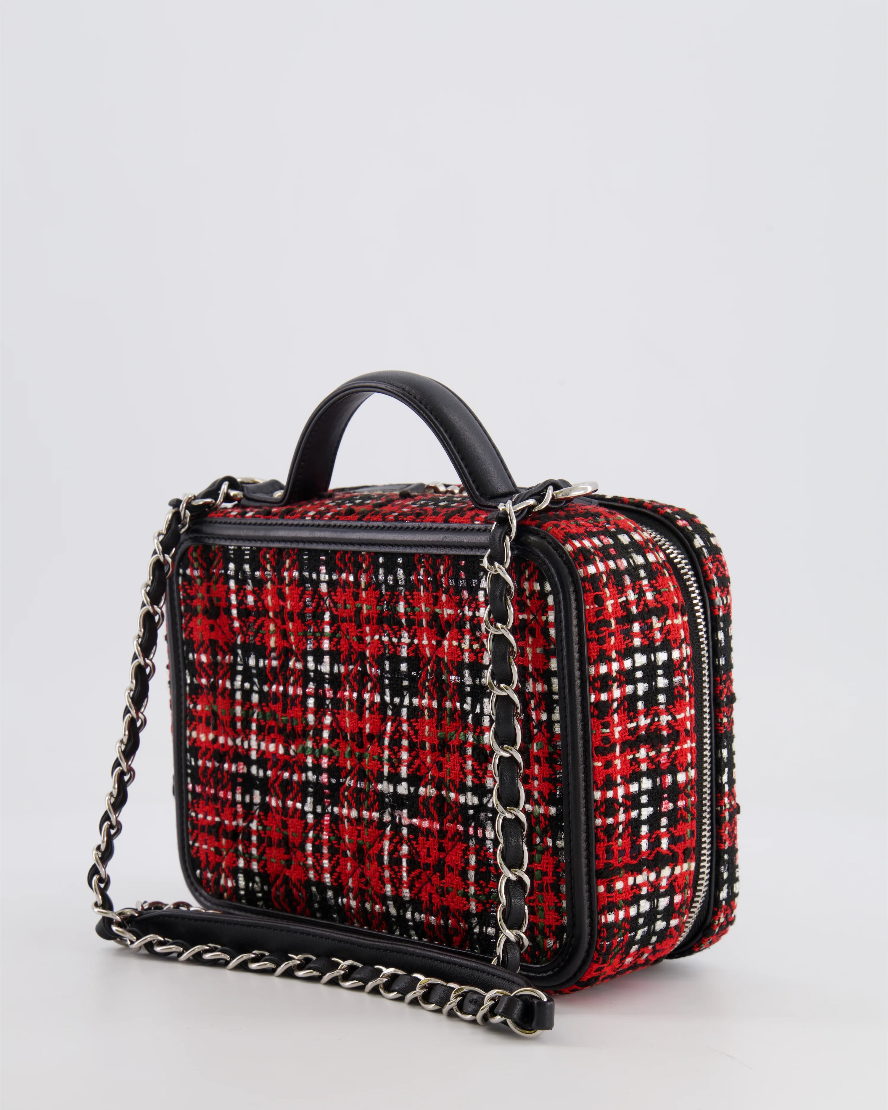 Chanel Black and Red Medium CC Filigree Vanity Case Bag in Tweed with Silver Hardware and Chain Detail - Image 9