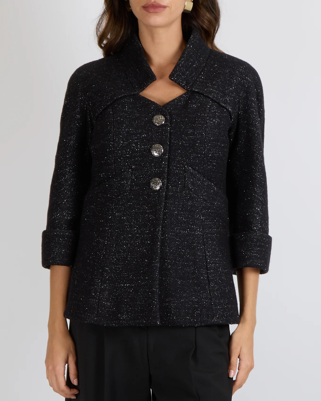 Chanel Metiers d'Art 2018 Black and Silver Wool Jacket with Logo Buttons Size FR 36 (UK 8)