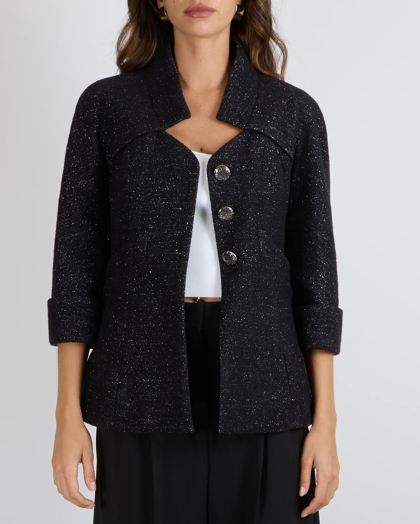 Chanel Metiers d'Art 2018 Black and Silver Wool Jacket with Logo Buttons Size FR 36 (UK 8) - Image 3