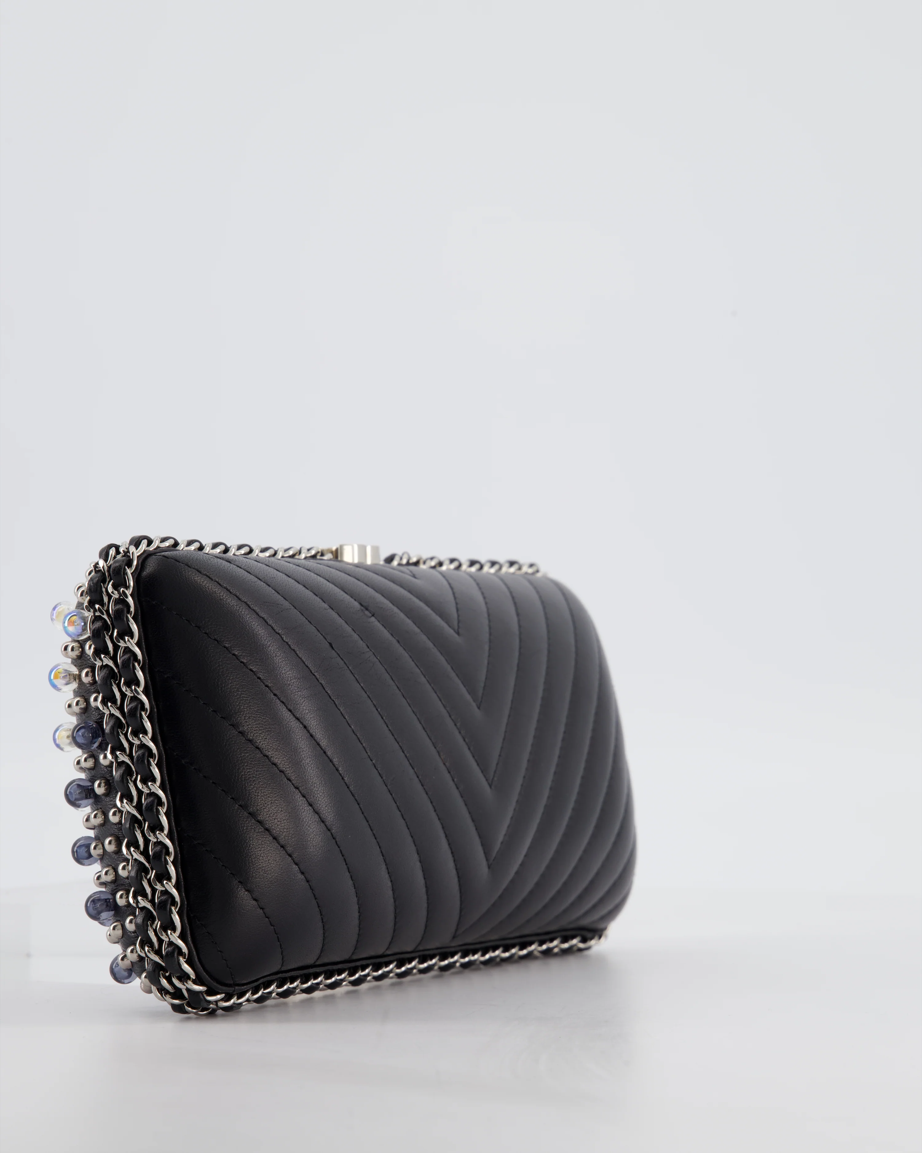 Chanel Black Beaded Clutch Bag with Chain Detailing and Long Shoulder Strap - Image 14