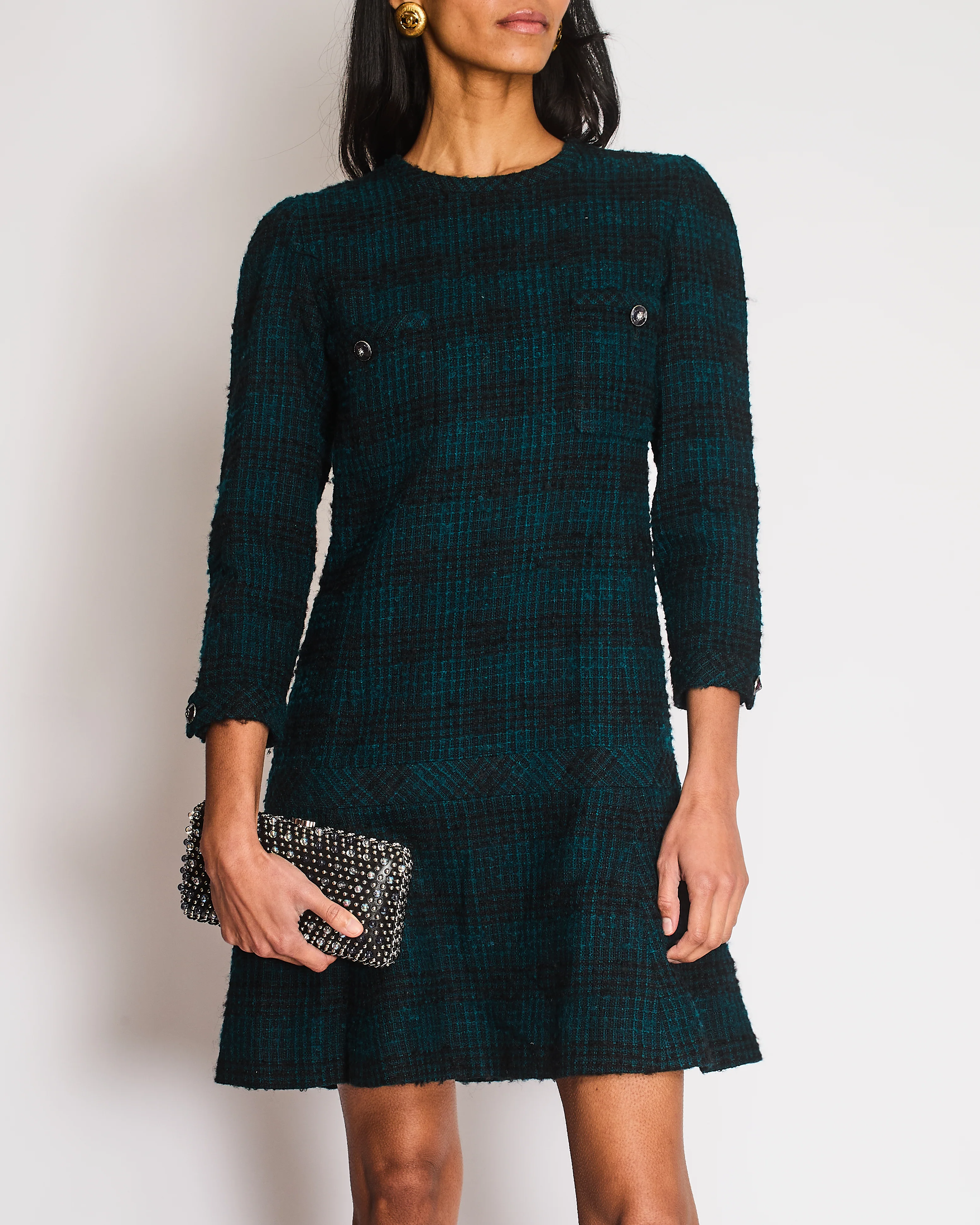 Chanel Navy, Green Check Tweed Long-Sleeve Dress Size FR 36 (UK 8) - Image 2